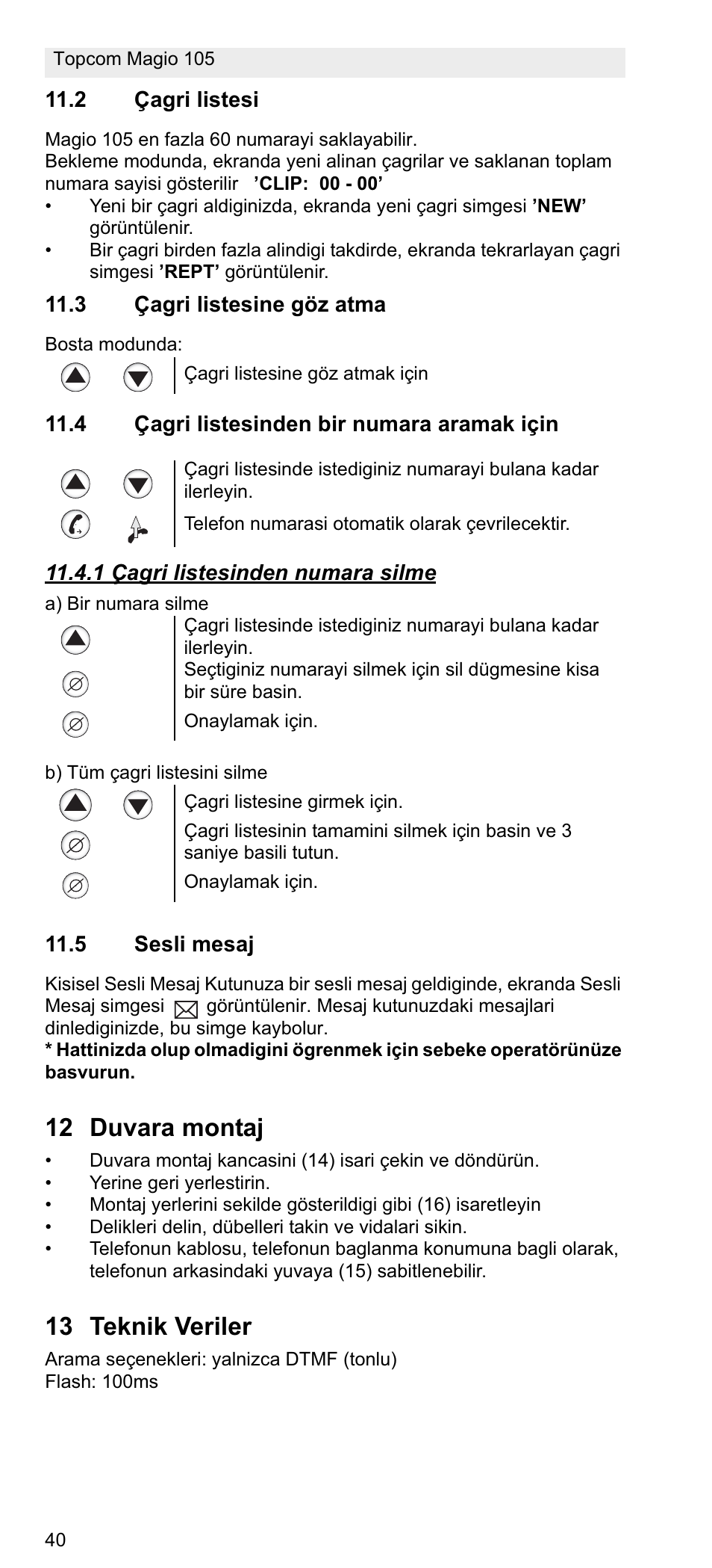 12 duvara montaj, 13 teknik veriler | Topcom MAGIO 105 User Manual | Page 40 / 88