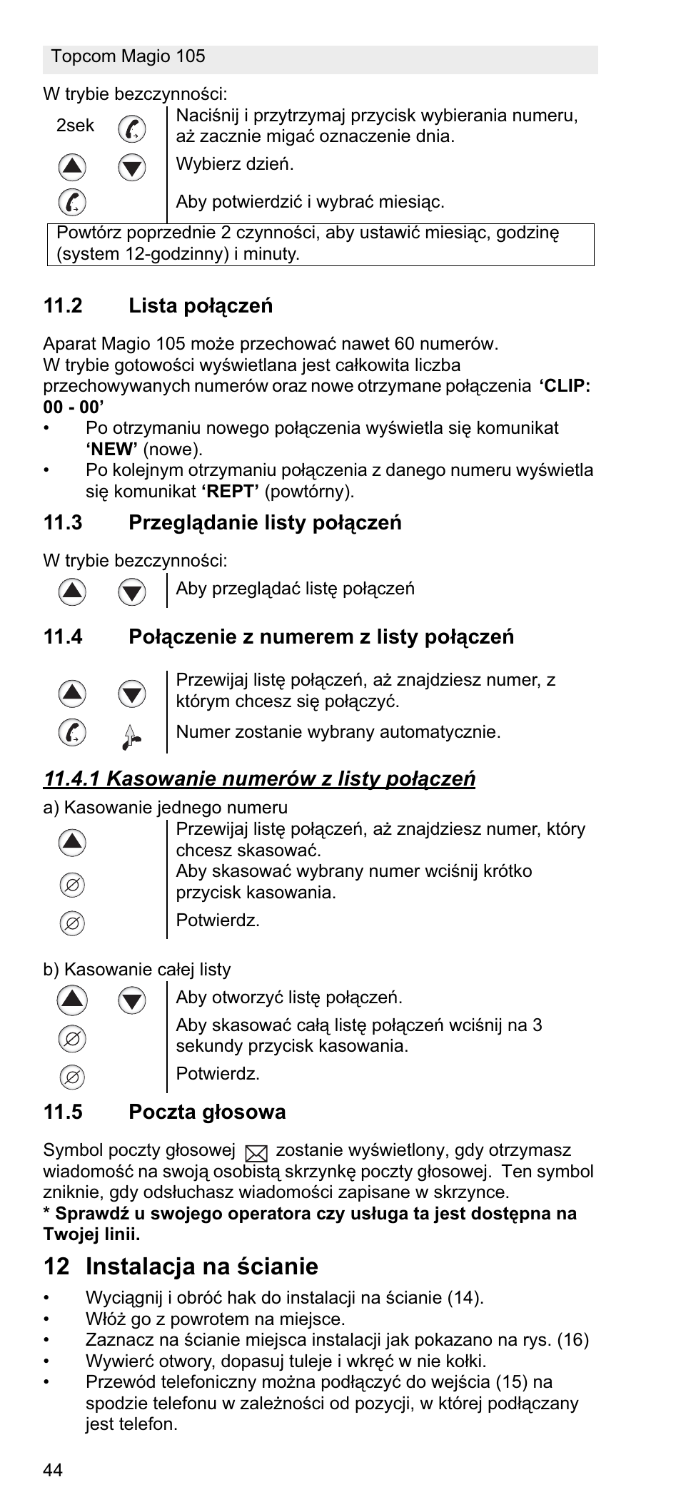12 instalacja na ğcianie | Topcom MAGIO 105 User Manual | Page 44 / 88