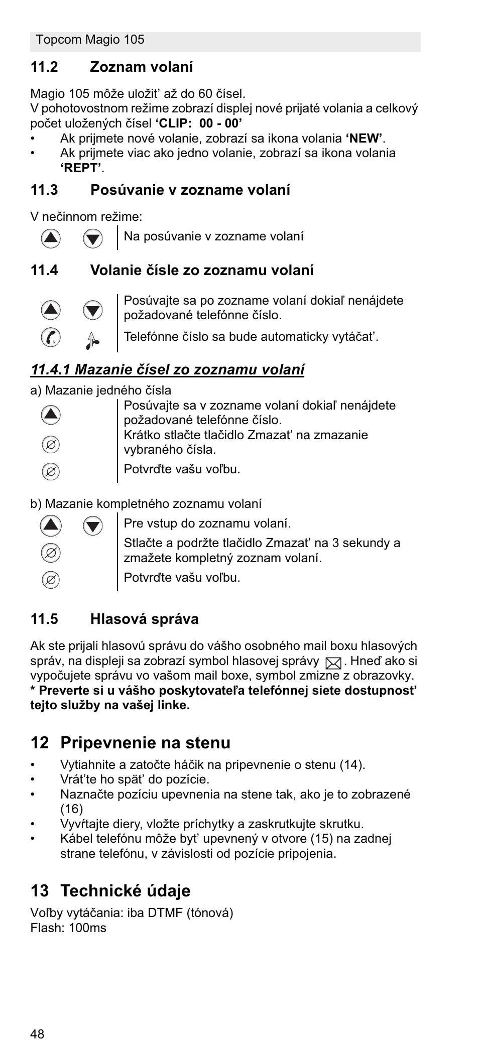 12 pripevnenie na stenu, 13 technické údaje | Topcom MAGIO 105 User Manual | Page 48 / 88
