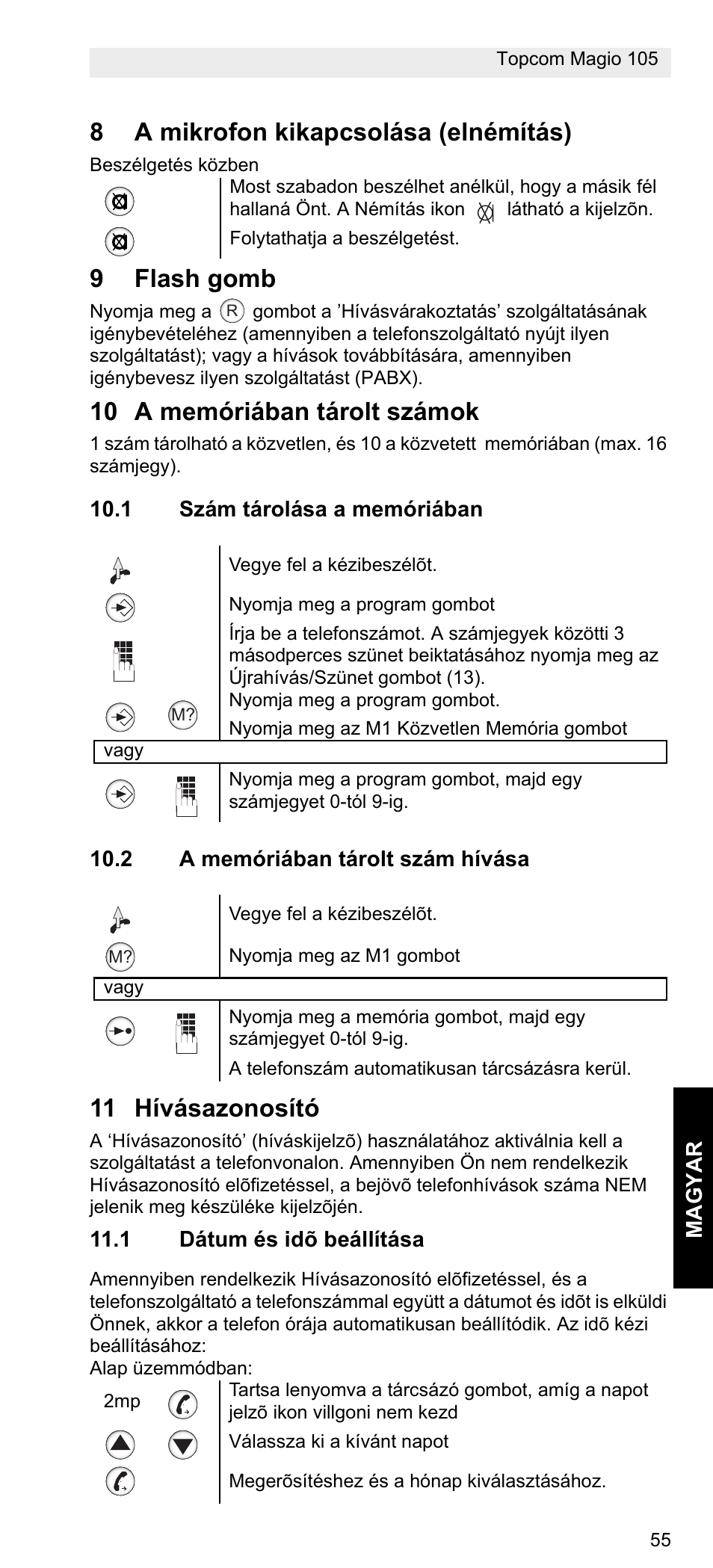 8a mikrofon kikapcsolása (elnémítás), 9flash gomb, 10 a memóriában tárolt számok | 11 hívásazonosító | Topcom MAGIO 105 User Manual | Page 55 / 88