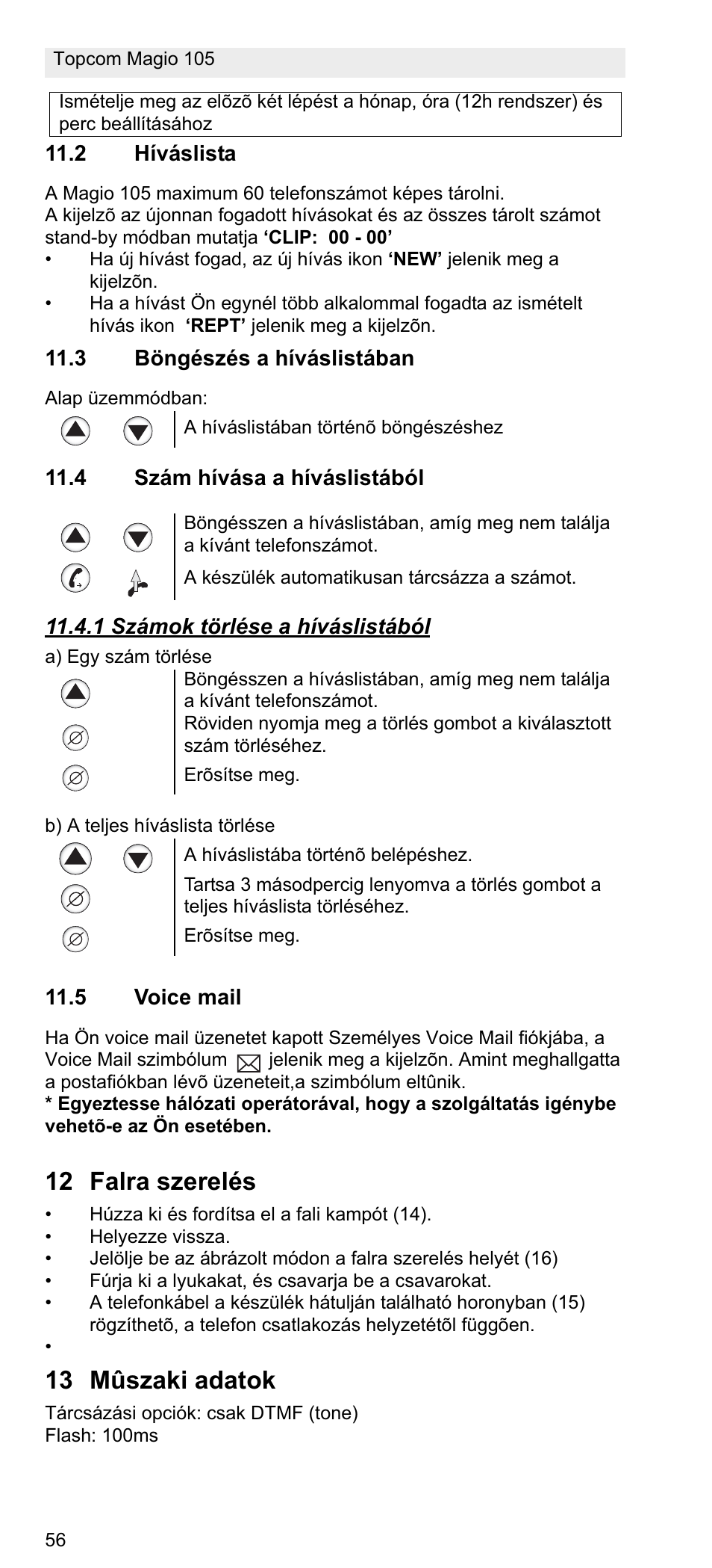 12 falra szerelés, 13 mûszaki adatok | Topcom MAGIO 105 User Manual | Page 56 / 88