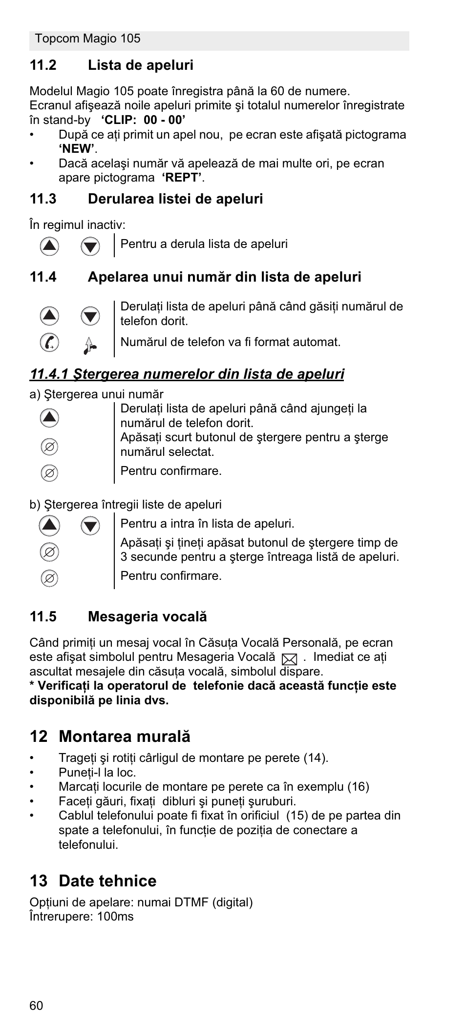 12 montarea murală, 13 date tehnice | Topcom MAGIO 105 User Manual | Page 60 / 88