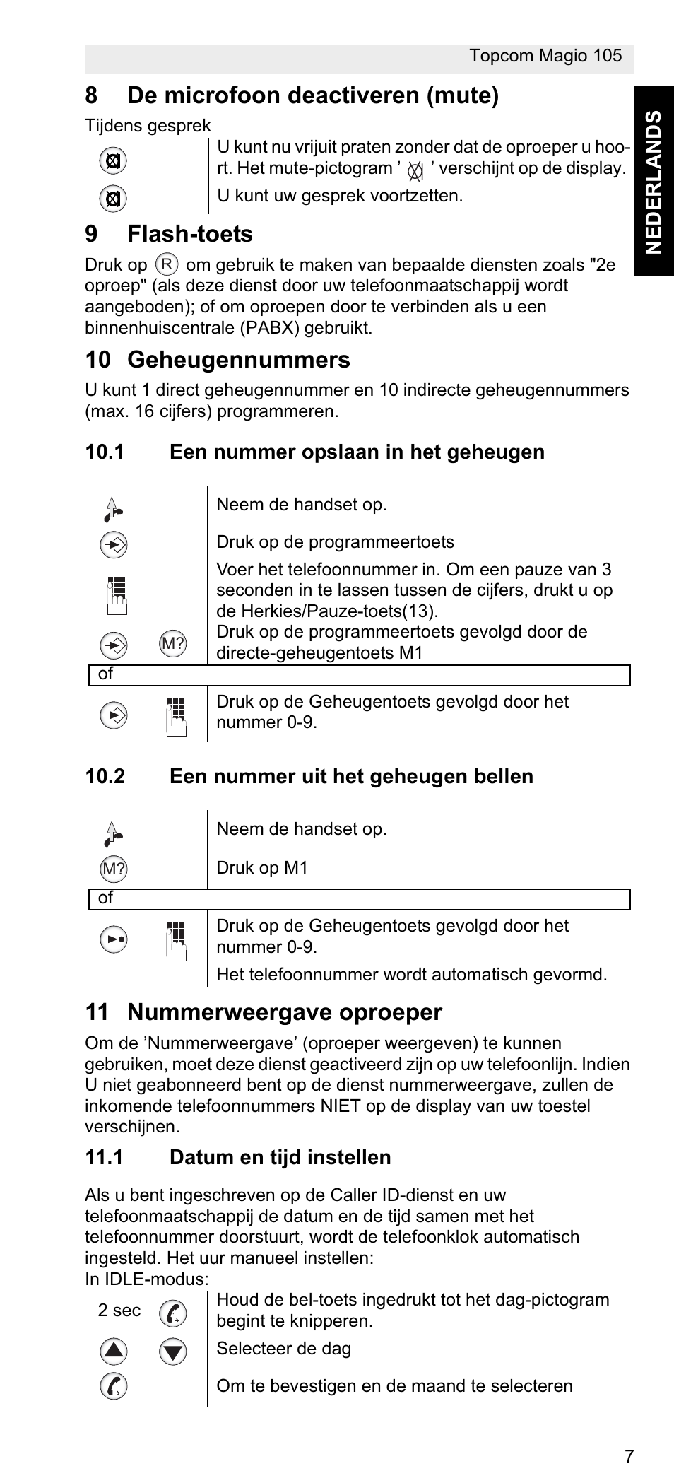 8de microfoon deactiveren (mute), 9flash-toets, 10 geheugennummers | 11 nummerweergave oproeper | Topcom MAGIO 105 User Manual | Page 7 / 88