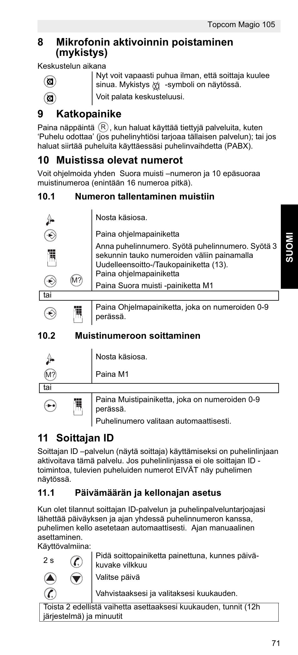 8mikrofonin aktivoinnin poistaminen (mykistys), 9katkopainike, 10 muistissa olevat numerot | 11 soittajan id | Topcom MAGIO 105 User Manual | Page 71 / 88