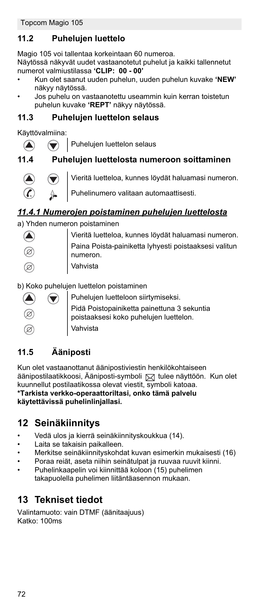 12 seinäkiinnitys, 13 tekniset tiedot | Topcom MAGIO 105 User Manual | Page 72 / 88