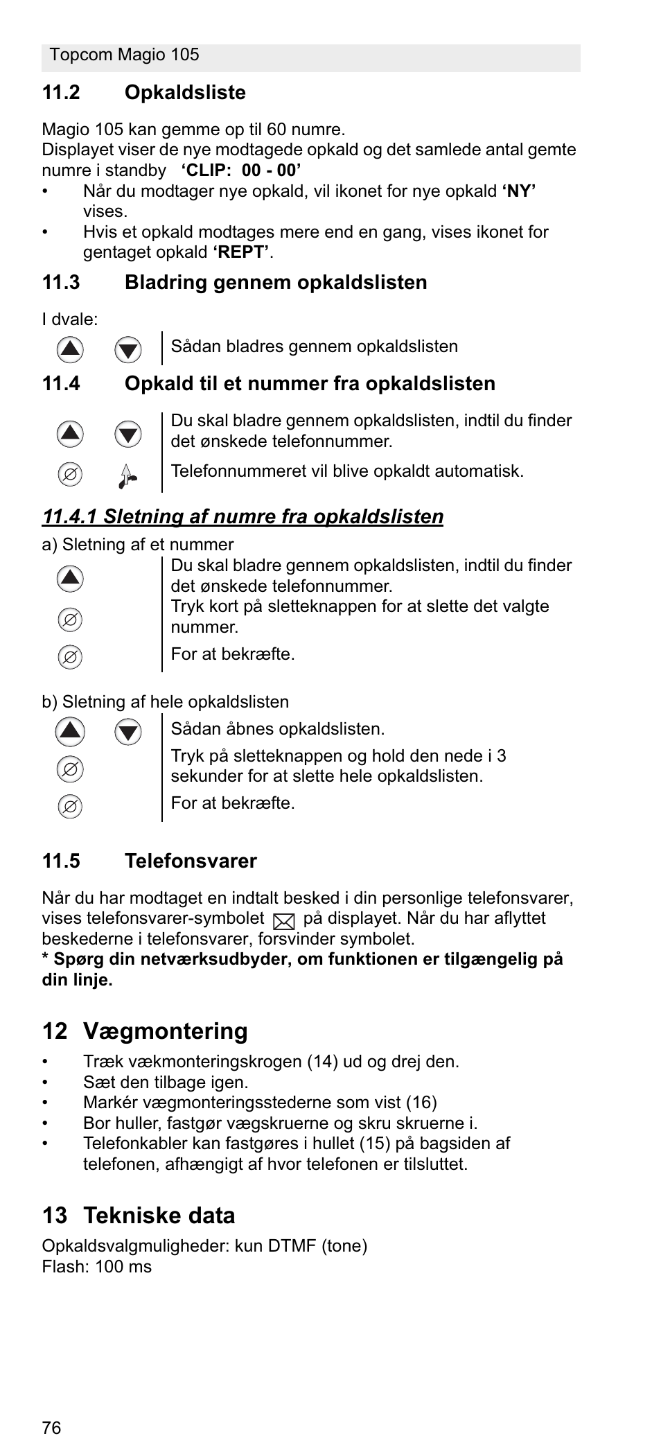 12 vægmontering, 13 tekniske data | Topcom MAGIO 105 User Manual | Page 76 / 88