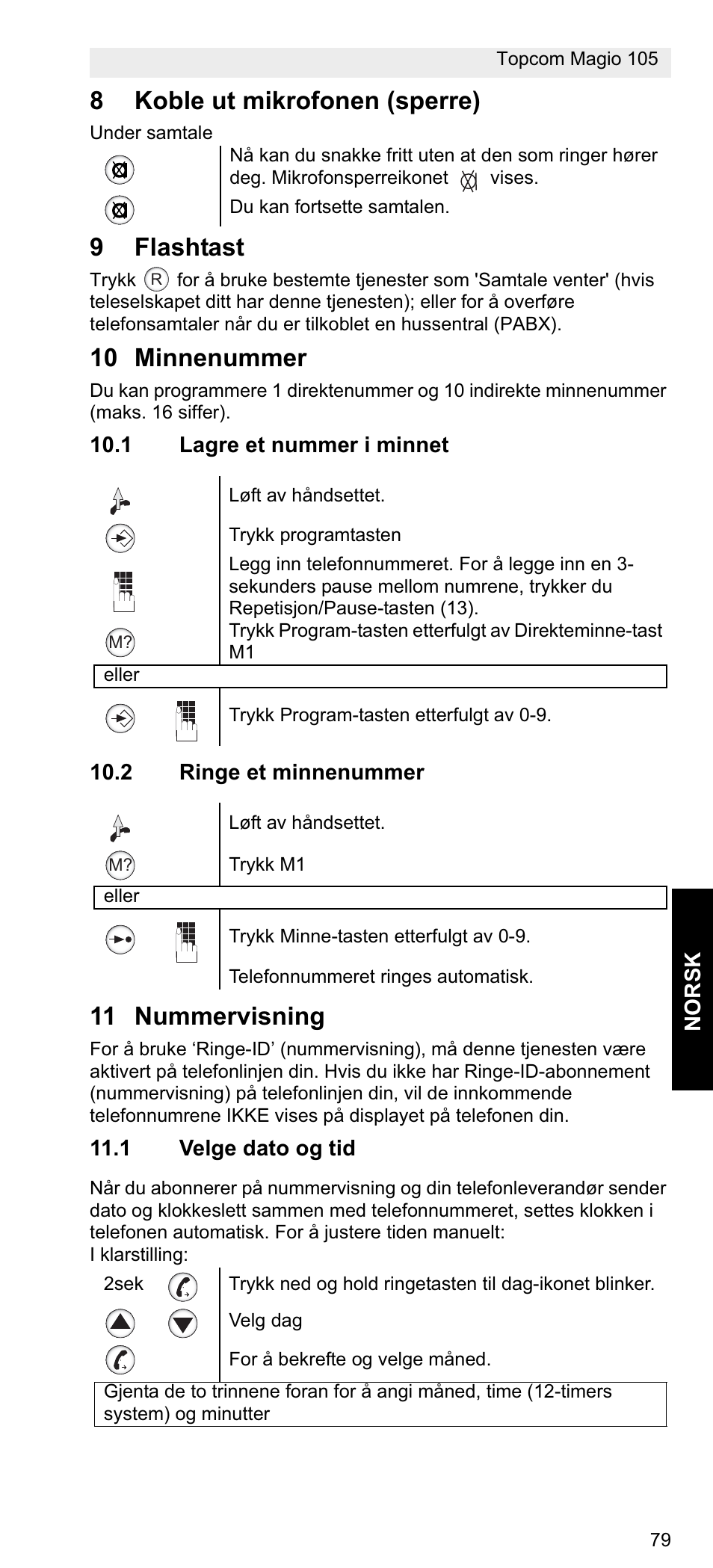 8koble ut mikrofonen (sperre), 9flashtast, 10 minnenummer | 11 nummervisning | Topcom MAGIO 105 User Manual | Page 79 / 88
