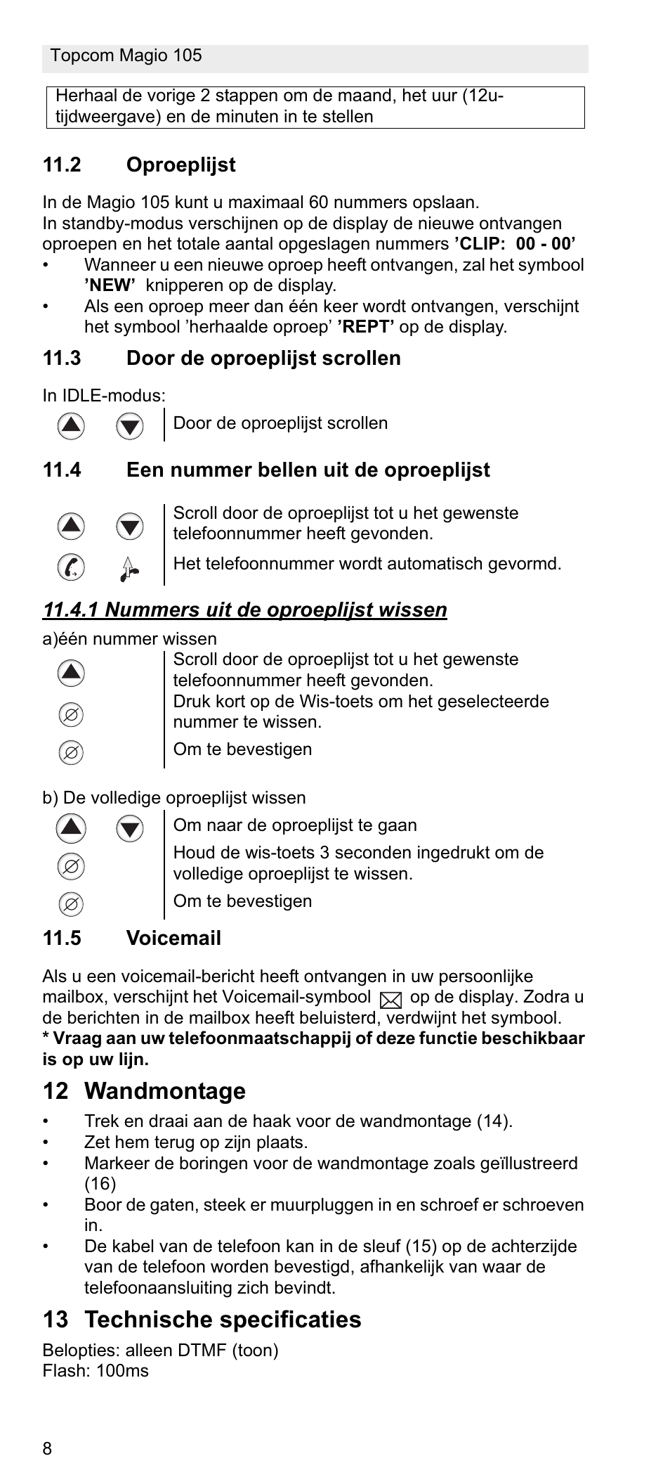 12 wandmontage, 13 technische specificaties | Topcom MAGIO 105 User Manual | Page 8 / 88