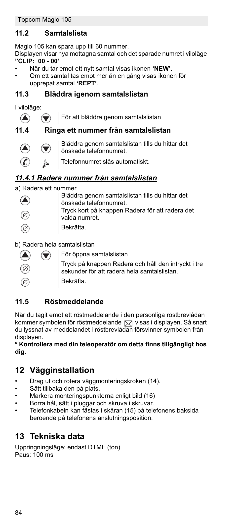 12 vägginstallation, 13 tekniska data | Topcom MAGIO 105 User Manual | Page 84 / 88