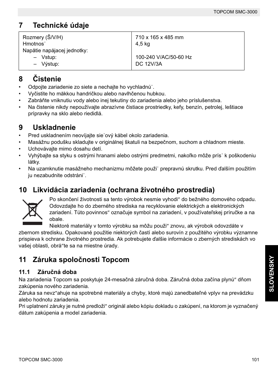 7technické údaje 8 ýistenie, 9uskladnenie, 11 záruka spoloþnosti topcom | Topcom SMC-3000 User Manual | Page 101 / 104