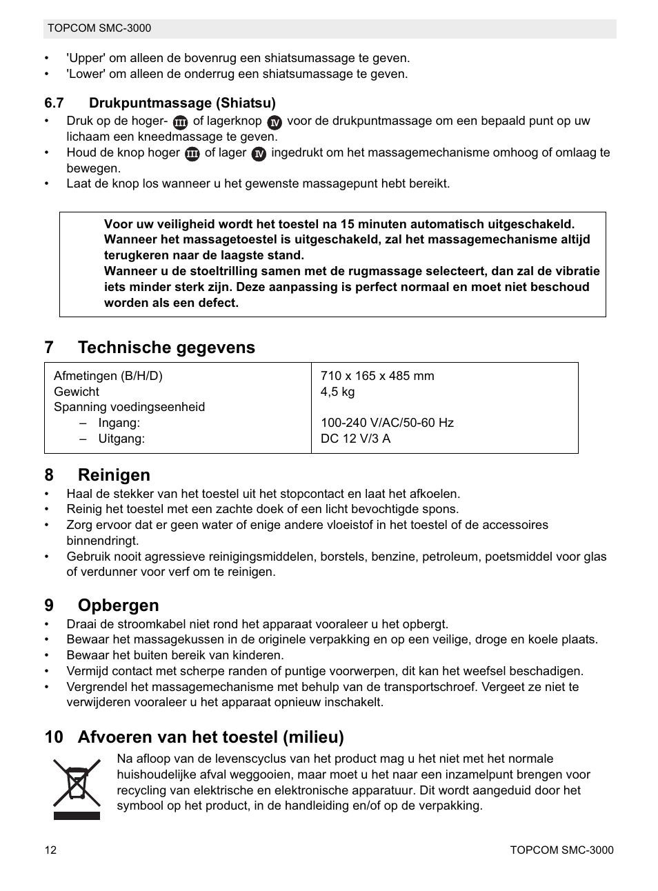 7technische gegevens 8 reinigen, 9opbergen, 10 afvoeren van het toestel (milieu) | Topcom SMC-3000 User Manual | Page 12 / 104