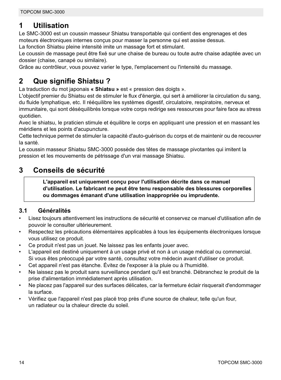 1utilisation, 2que signifie shiatsu, 3conseils de sécurité | Topcom SMC-3000 User Manual | Page 14 / 104