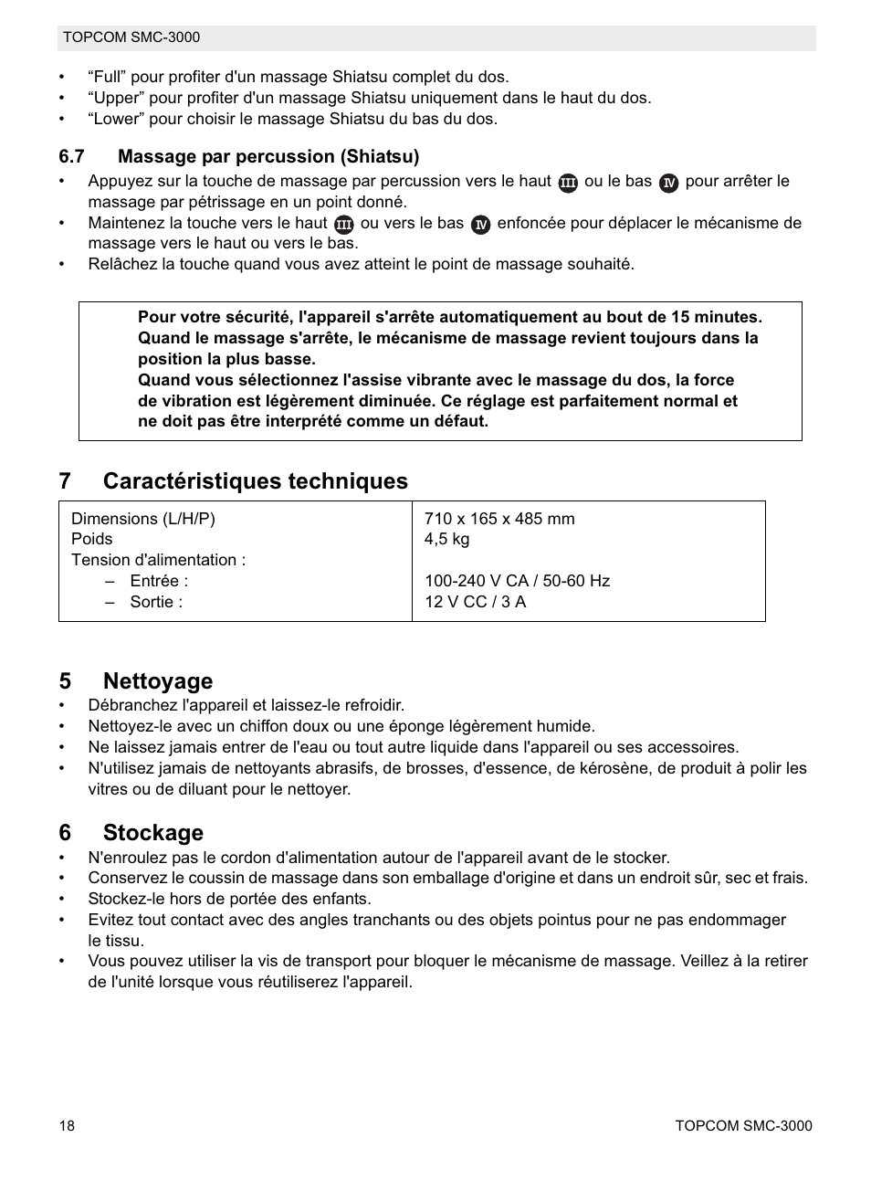 7caractéristiques techniques 5 nettoyage, 6stockage | Topcom SMC-3000 User Manual | Page 18 / 104