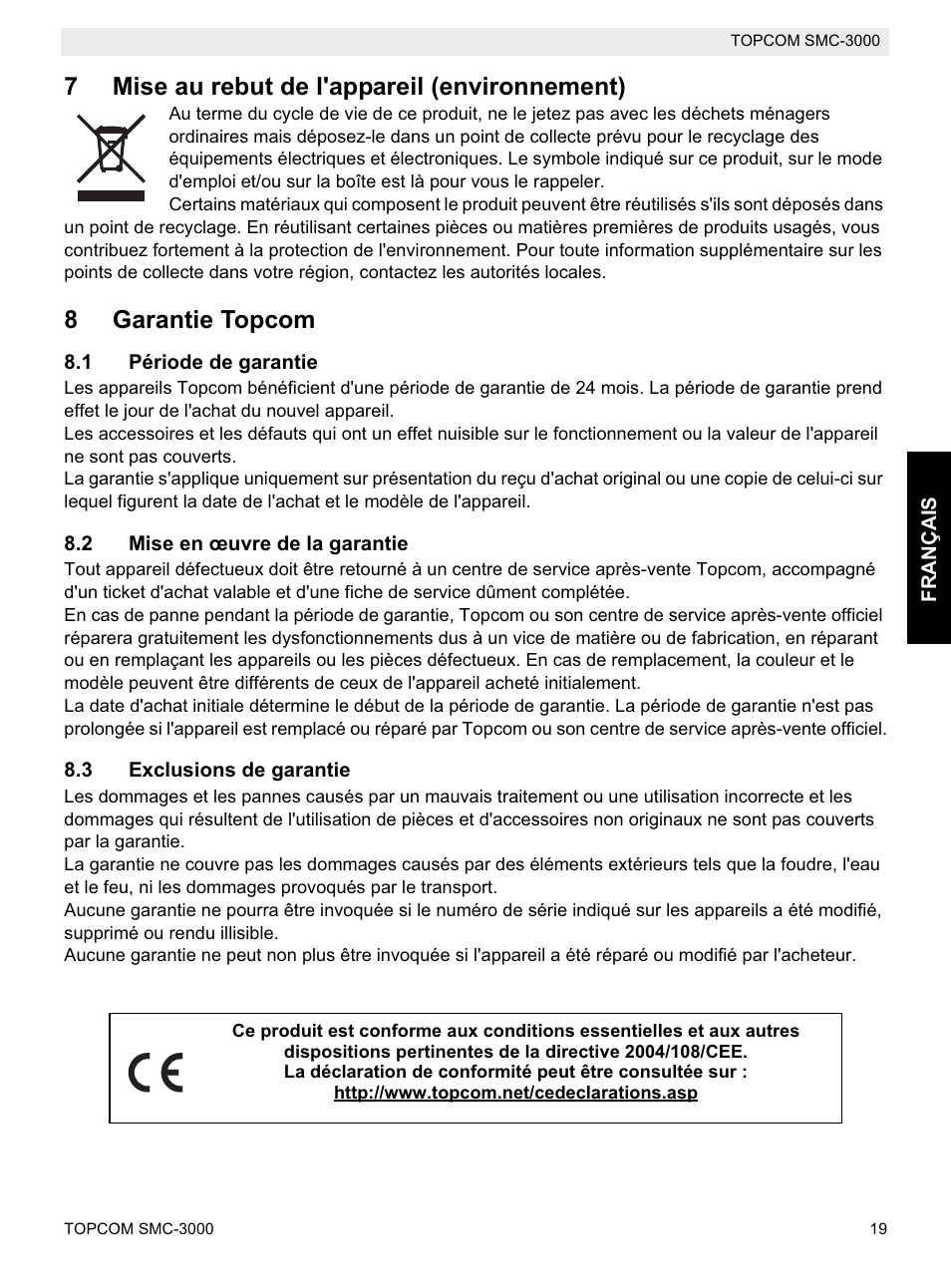 7mise au rebut de l'appareil (environnement), 8garantie topcom | Topcom SMC-3000 User Manual | Page 19 / 104