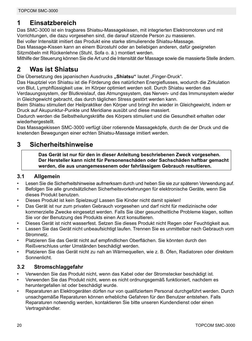 1einsatzbereich, 2was ist shiatsu, 3sicherheitshinweise | Topcom SMC-3000 User Manual | Page 20 / 104