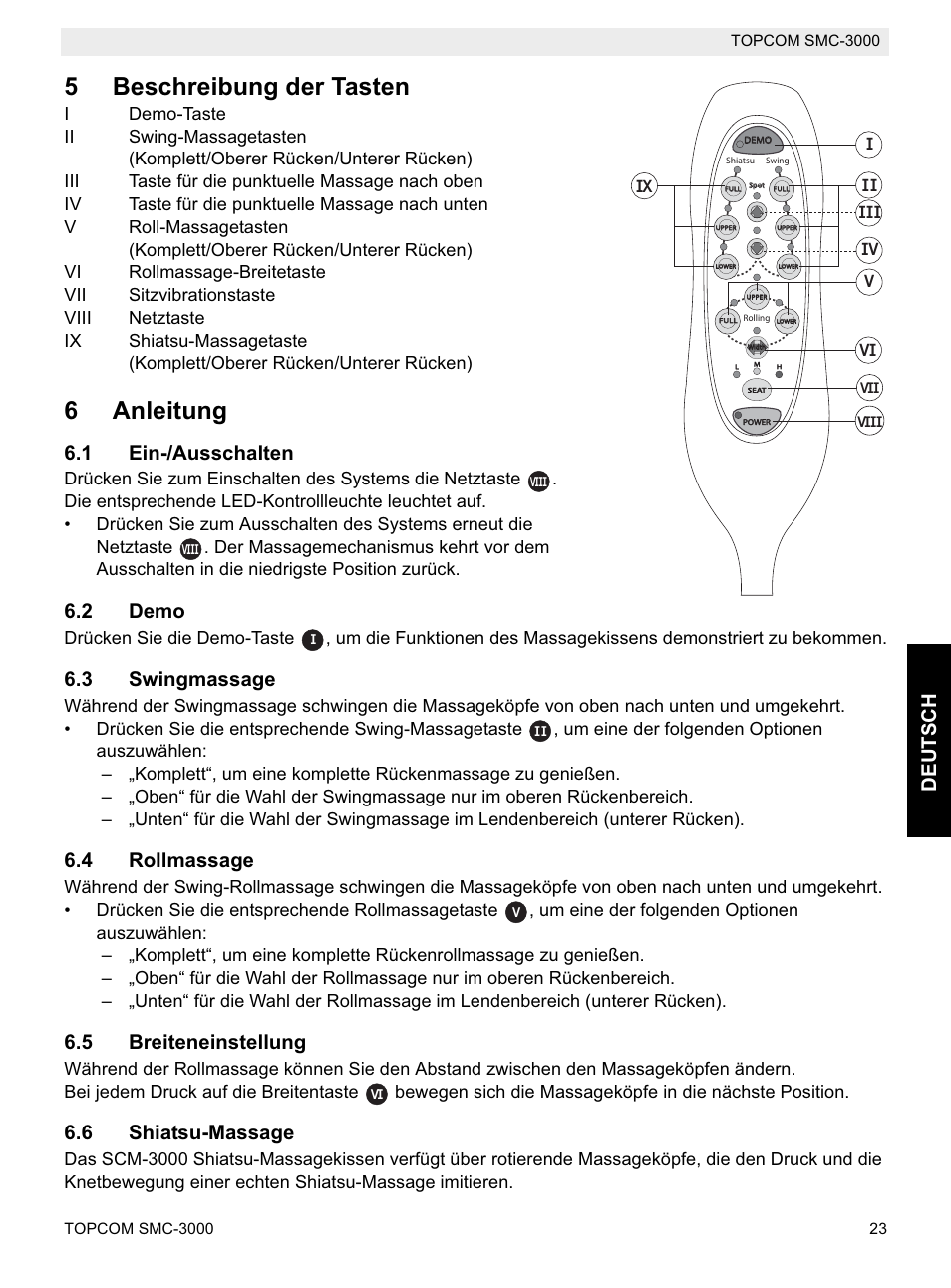 5beschreibung der tasten, 6anleitung, Deutsc h | 1 ein-/ausschalten, 2 demo, 3 swingmassage, 4 rollmassage, 5 breiteneinstellung, 6 shiatsu-massage | Topcom SMC-3000 User Manual | Page 23 / 104