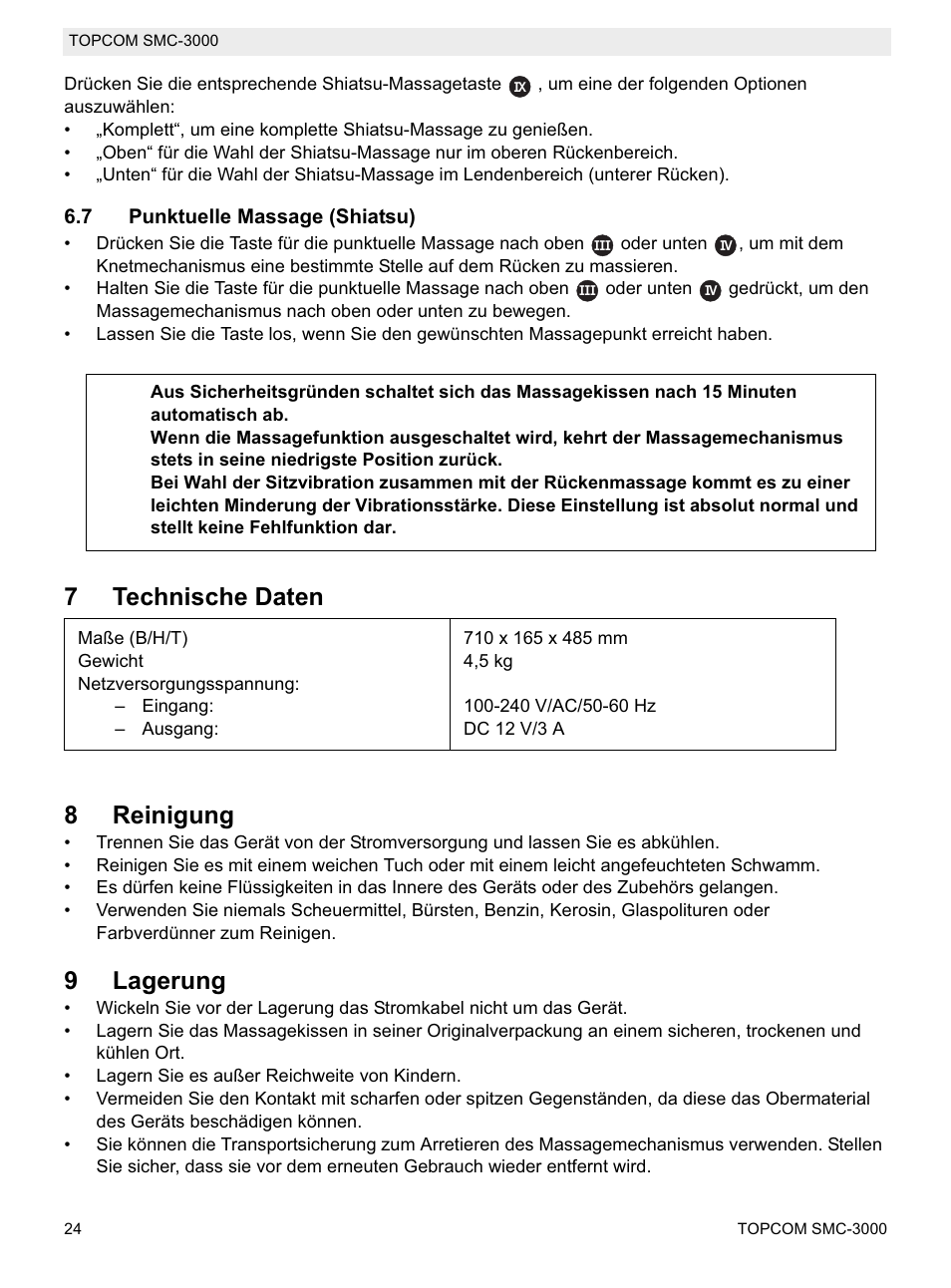 7technische daten 8 reinigung, 9lagerung | Topcom SMC-3000 User Manual | Page 24 / 104