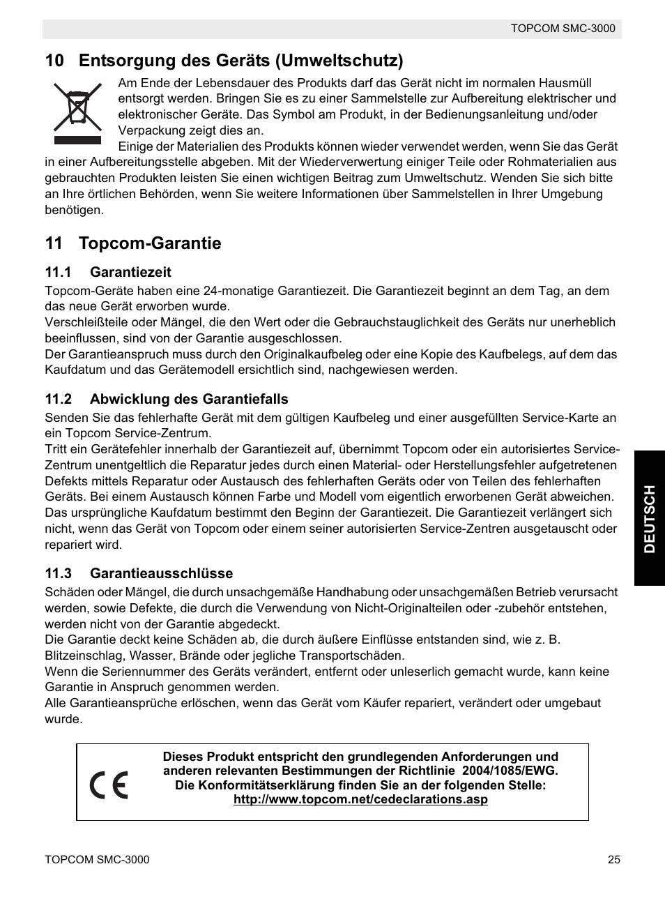 10 entsorgung des geräts (umweltschutz), 11 topcom-garantie | Topcom SMC-3000 User Manual | Page 25 / 104