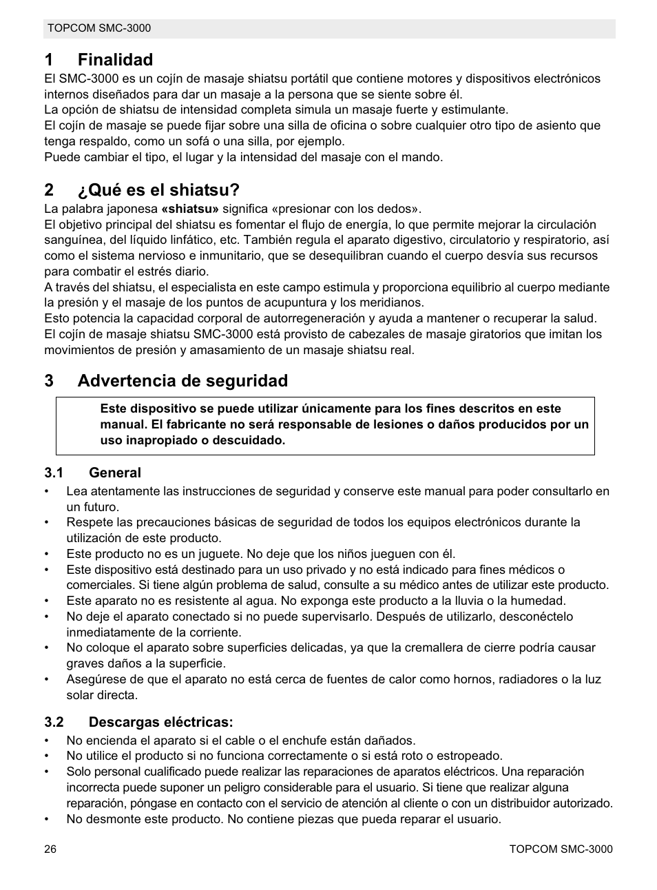 1finalidad, 2¿qué es el shiatsu, 3advertencia de seguridad | Topcom SMC-3000 User Manual | Page 26 / 104