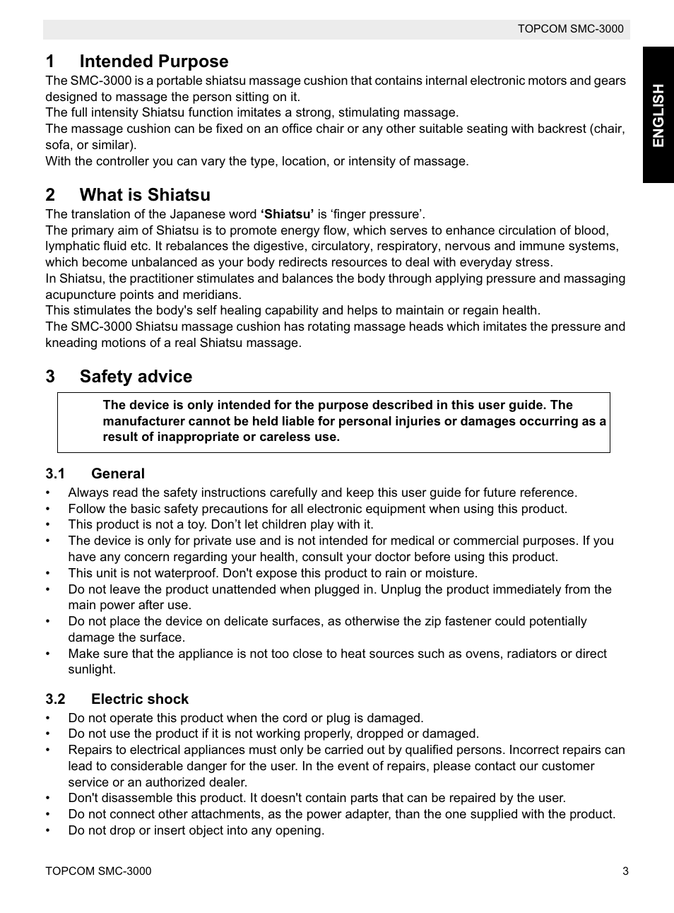 1intended purpose, 2what is shiatsu, 3safety advice | Topcom SMC-3000 User Manual | Page 3 / 104