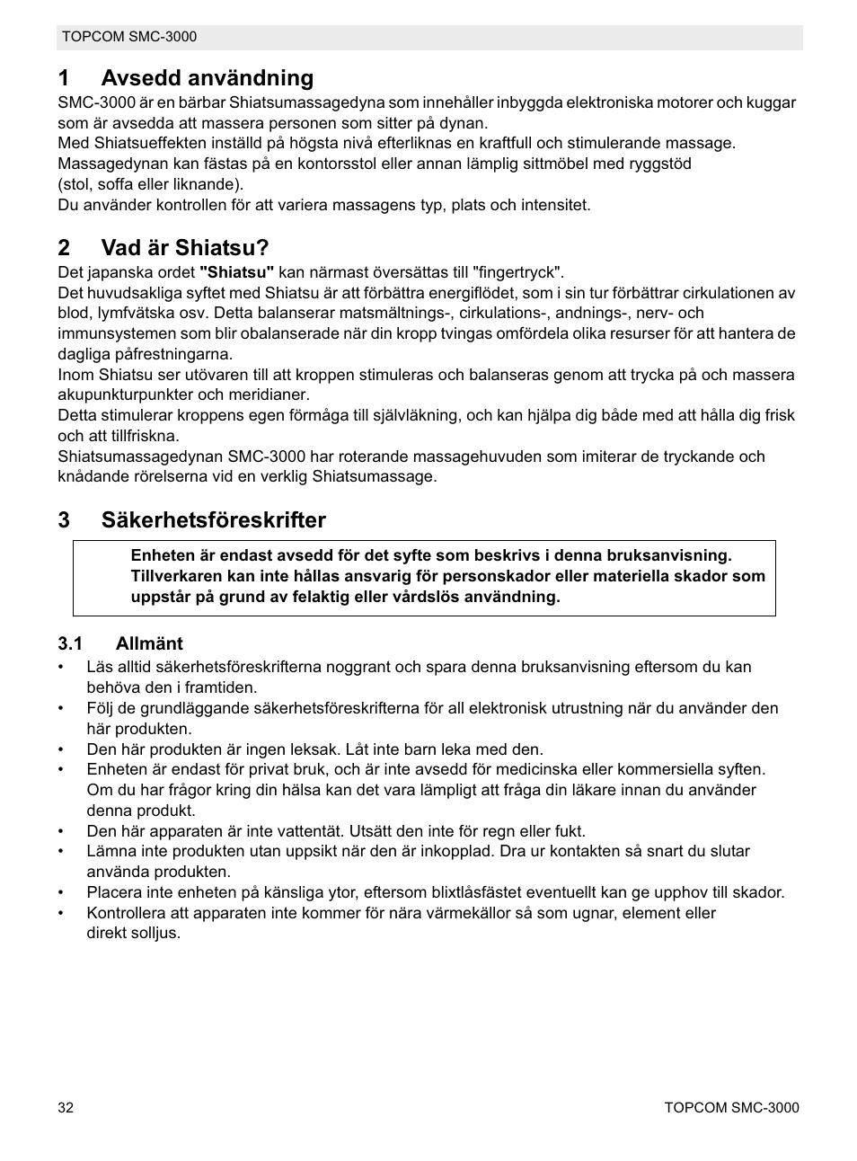 1avsedd användning, 2vad är shiatsu, 3säkerhetsföreskrifter | Topcom SMC-3000 User Manual | Page 32 / 104