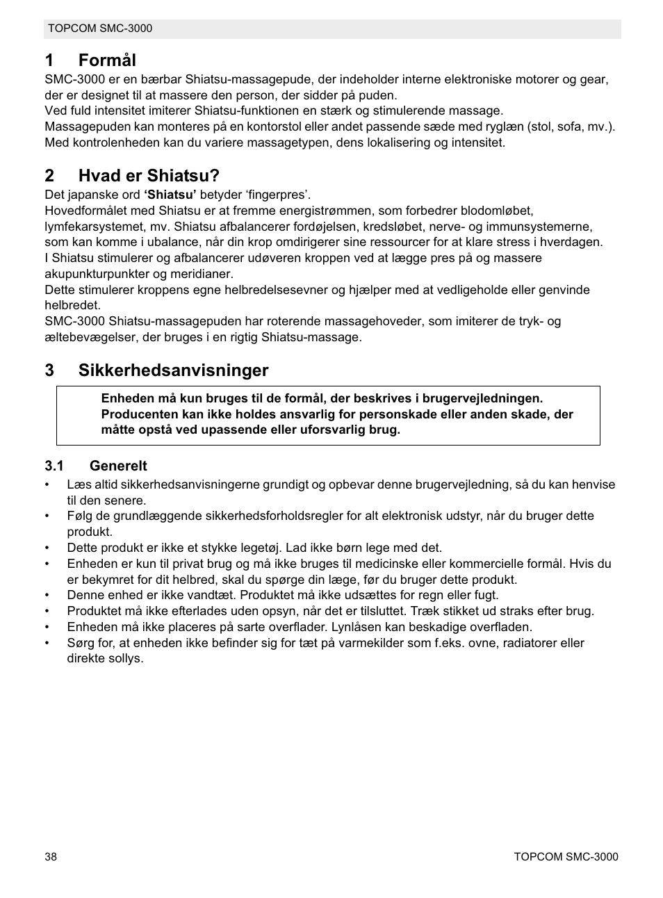 1formål, 2hvad er shiatsu, 3sikkerhedsanvisninger | Topcom SMC-3000 User Manual | Page 38 / 104