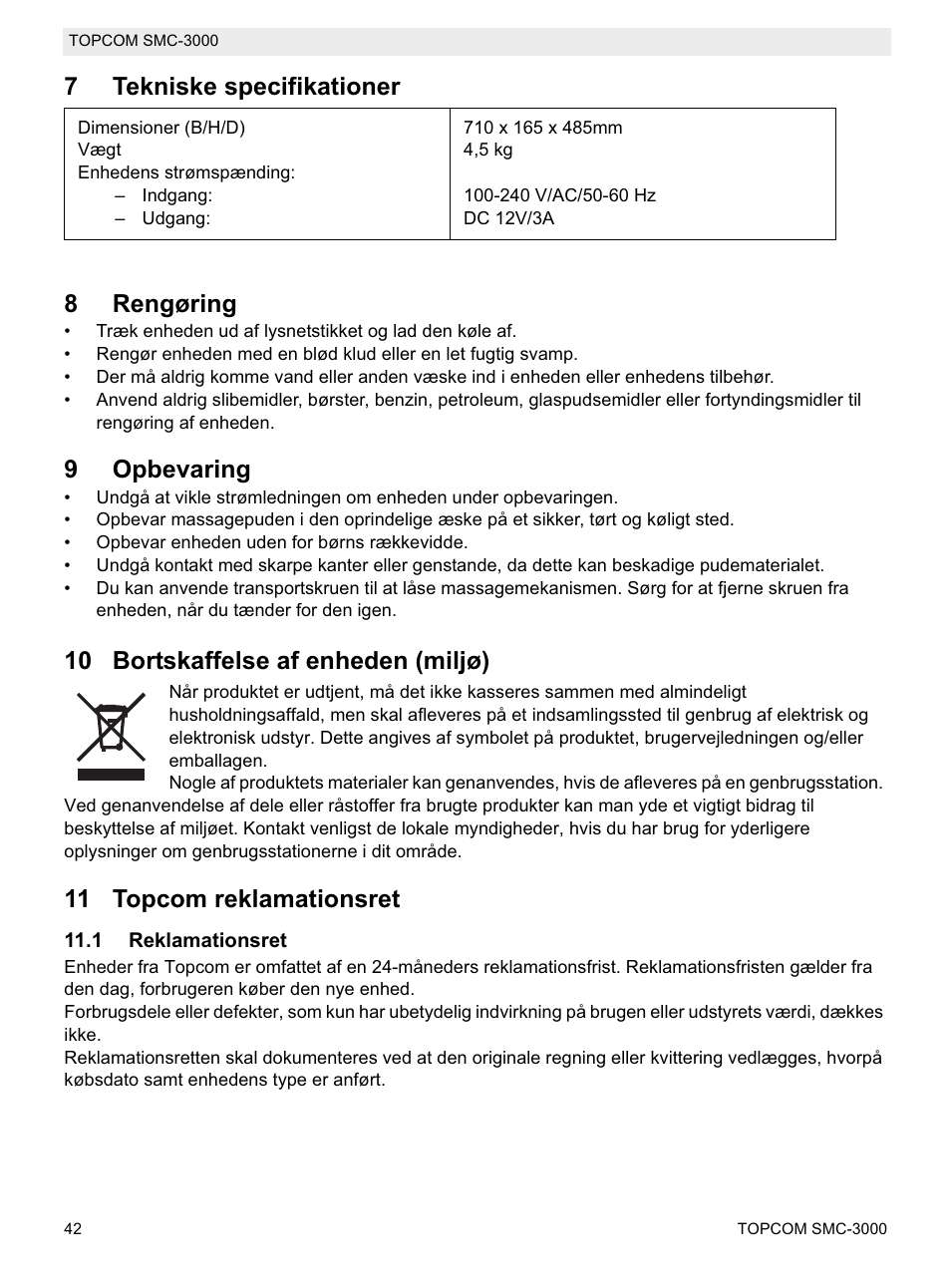 7tekniske specifikationer 8 rengøring, 9opbevaring, 10 bortskaffelse af enheden (miljø) | 11 topcom reklamationsret | Topcom SMC-3000 User Manual | Page 42 / 104