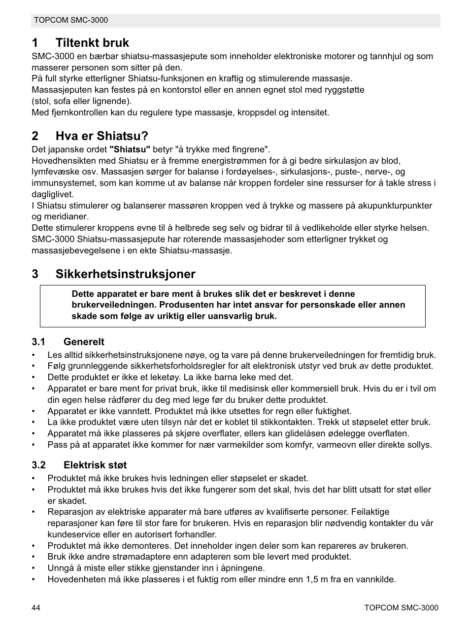 1tiltenkt bruk, 2hva er shiatsu, 3sikkerhetsinstruksjoner | Topcom SMC-3000 User Manual | Page 44 / 104