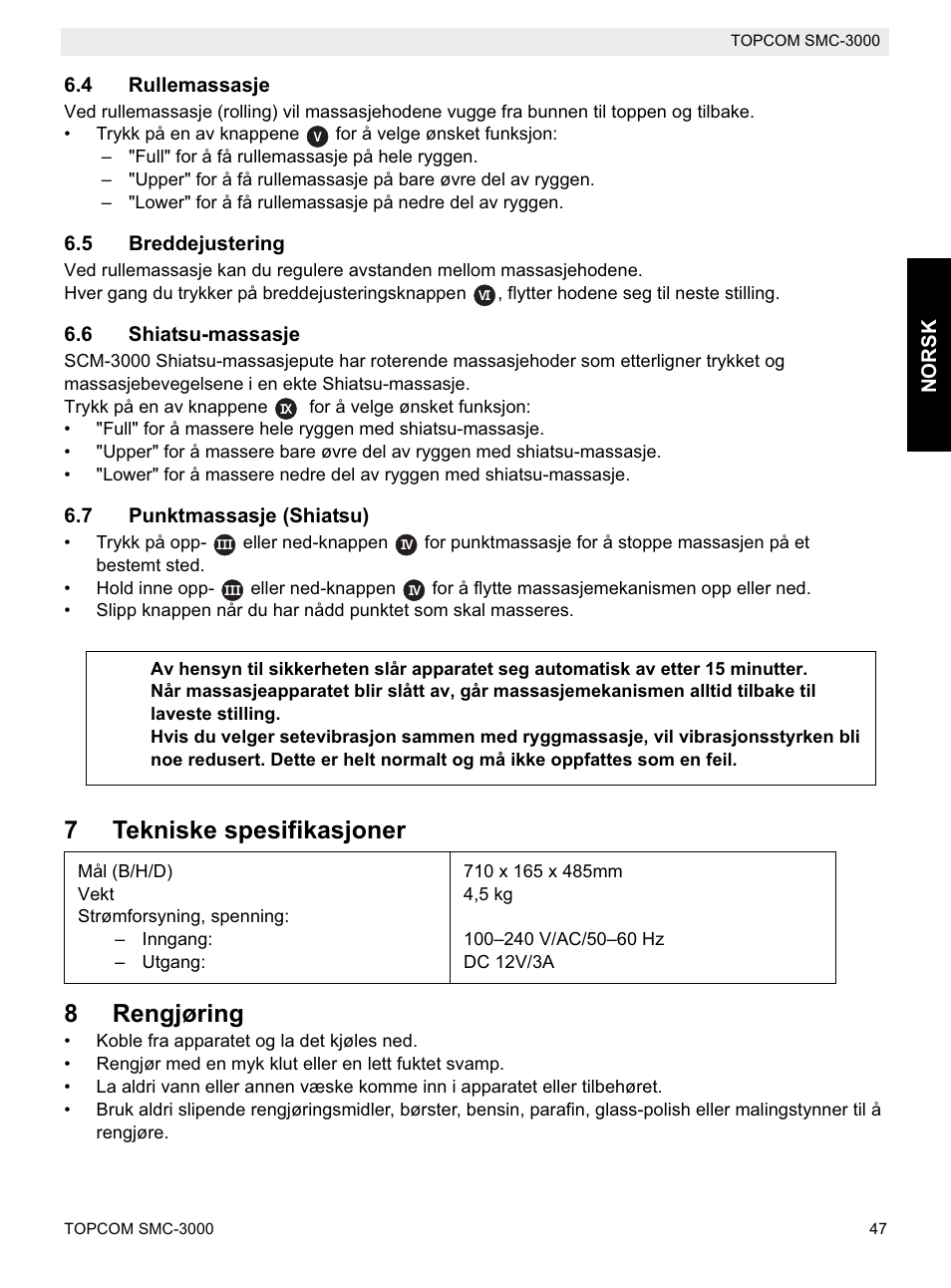 7tekniske spesifikasjoner 8 rengjøring | Topcom SMC-3000 User Manual | Page 47 / 104