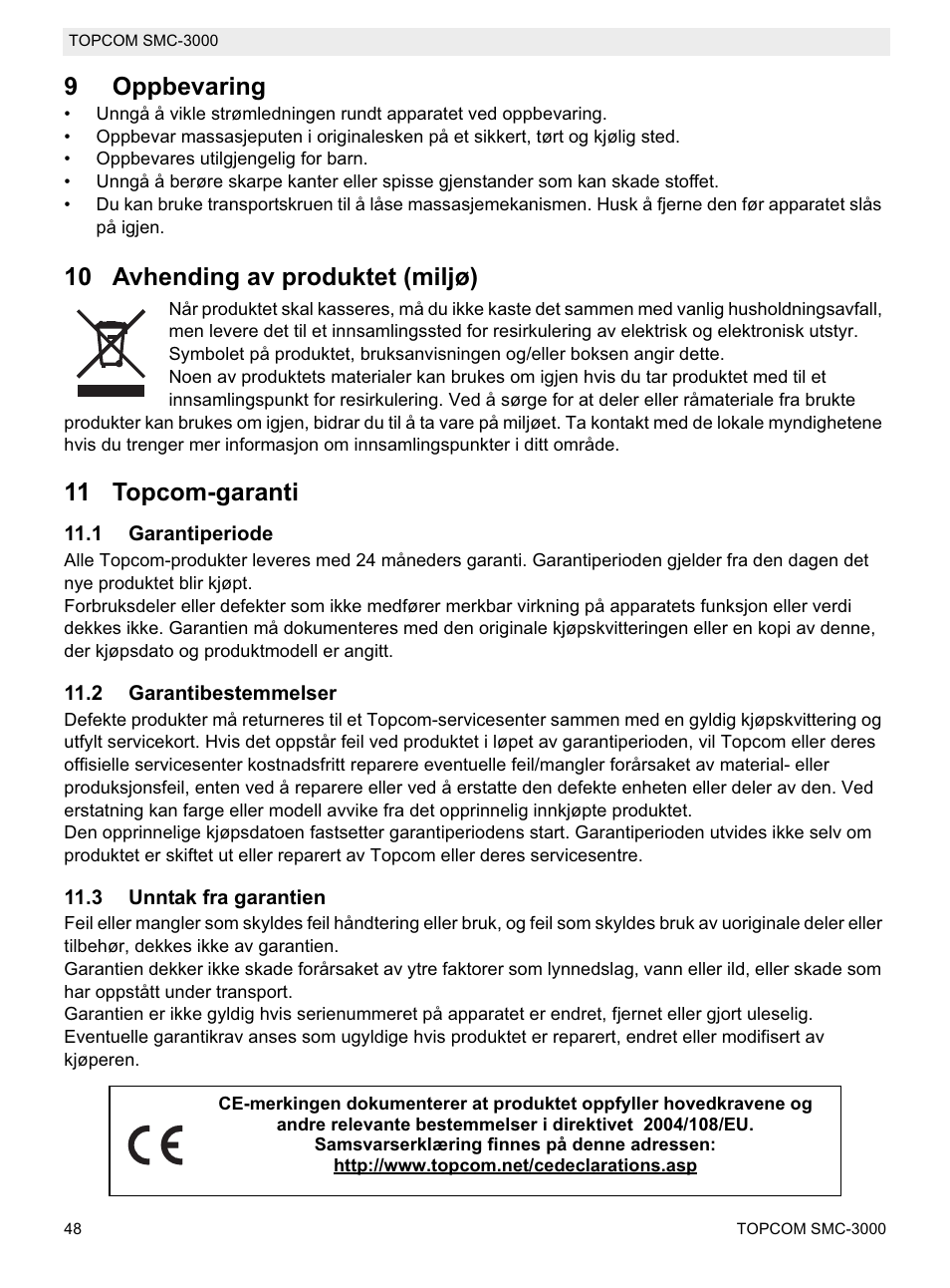 9oppbevaring, 10 avhending av produktet (miljø), 11 topcom-garanti | Topcom SMC-3000 User Manual | Page 48 / 104