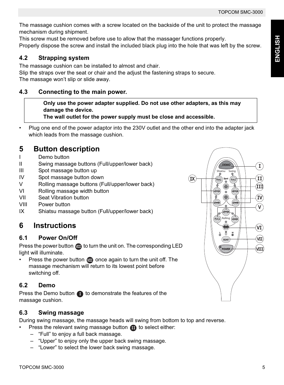 5button description, 6instructions, English | 2 strapping system, 3 connecting to the main power, 1 power on/off, 2 demo, 3 swing massage | Topcom SMC-3000 User Manual | Page 5 / 104