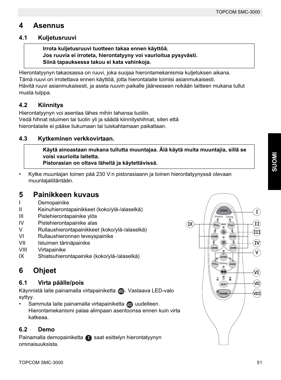 4asennus, 5painikkeen kuvaus, 6ohjeet | Suomi, 1 kuljetusruuvi, 2 kiinnitys, 3 kytkeminen verkkovirtaan, 1 virta päälle/pois, 2 demo | Topcom SMC-3000 User Manual | Page 51 / 104