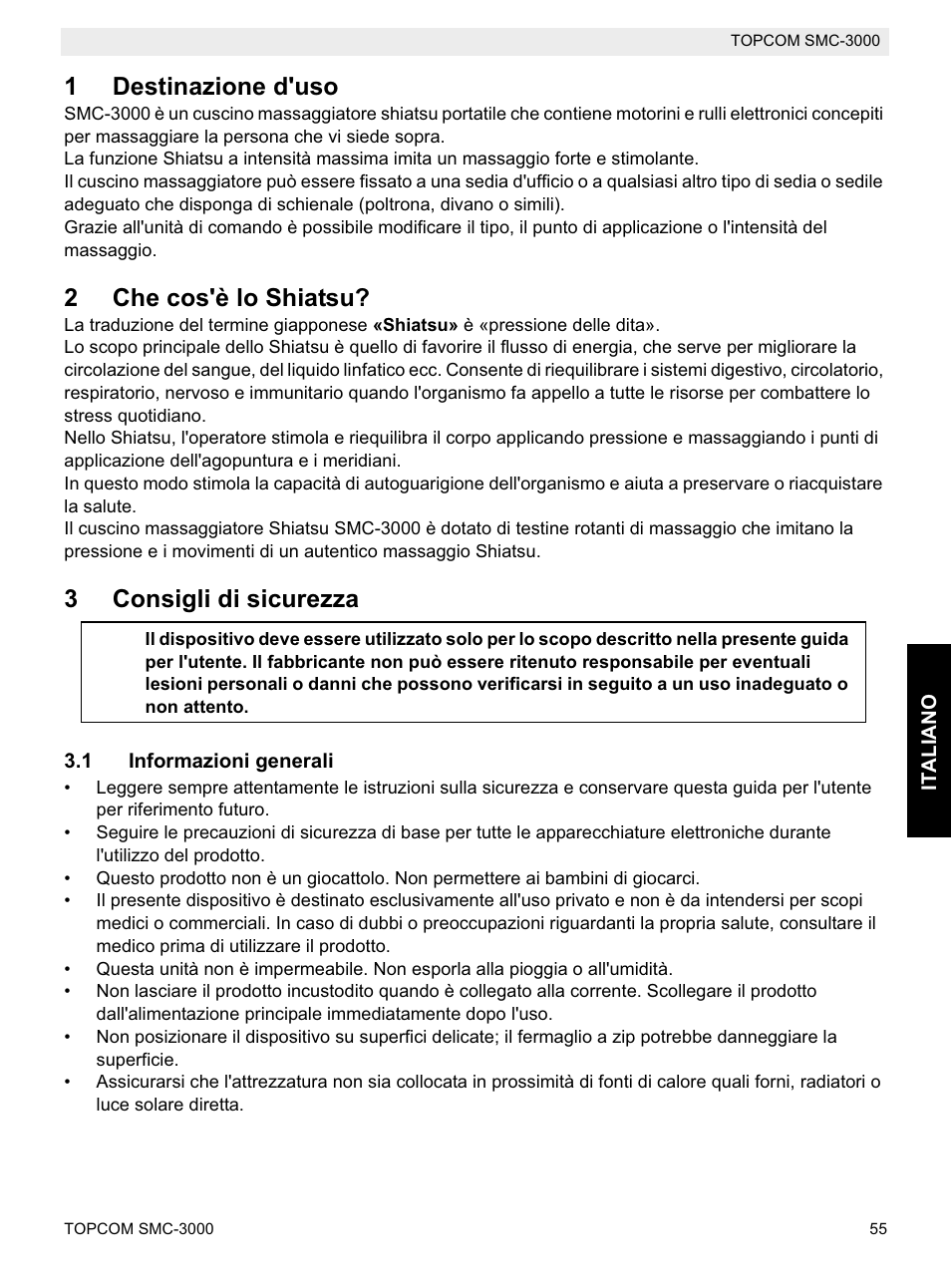 1destinazione d'uso, 2che cos'è lo shiatsu, 3consigli di sicurezza | Topcom SMC-3000 User Manual | Page 55 / 104