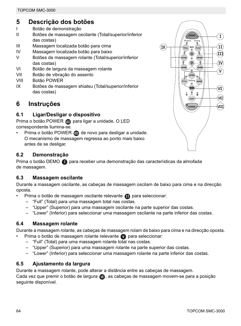 5descrição dos botões, 6instruções, 1 ligar/desligar o dispositivo | 2 demonstração, 3 massagem oscilante, 4 massagem rolante, 5 ajustamento da largura | Topcom SMC-3000 User Manual | Page 64 / 104