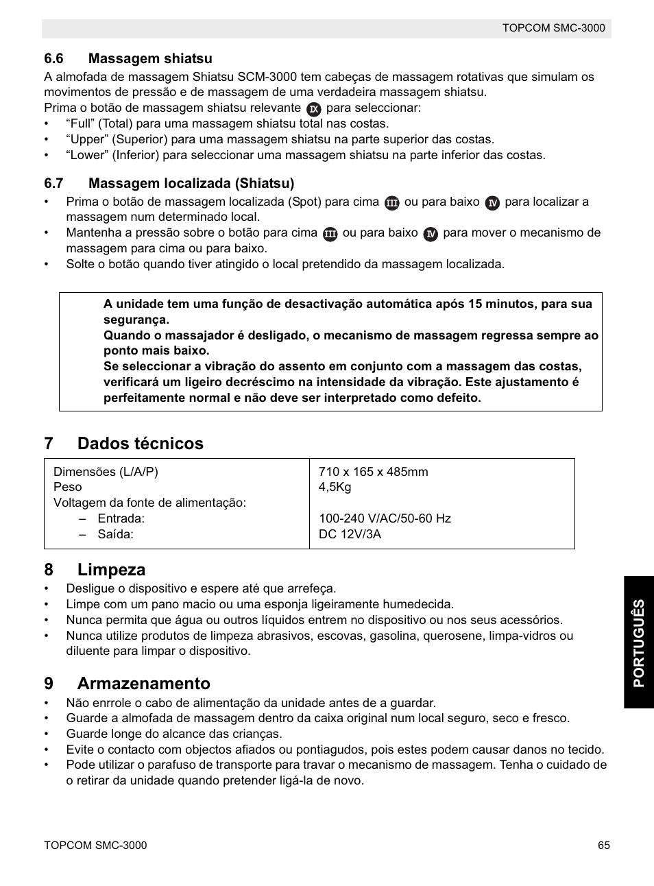 7dados técnicos 8 limpeza, 9armazenamento | Topcom SMC-3000 User Manual | Page 65 / 104