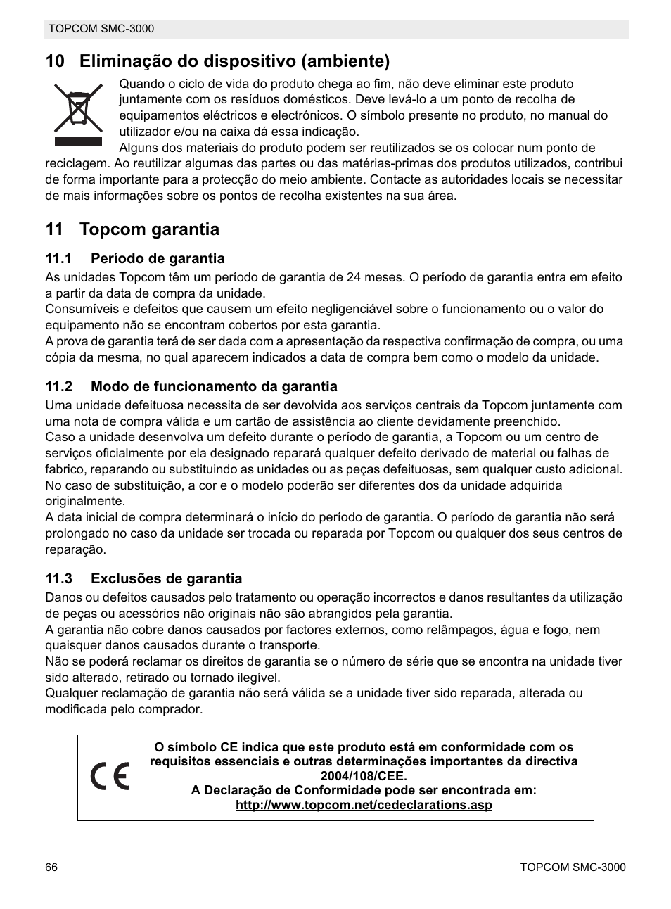 10 eliminação do dispositivo (ambiente), 11 topcom garantia | Topcom SMC-3000 User Manual | Page 66 / 104