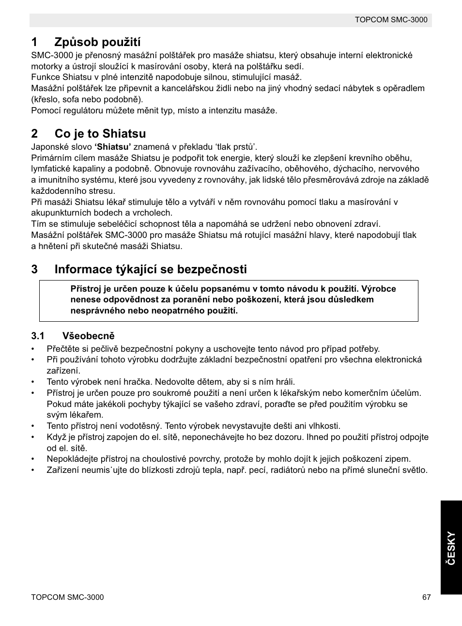 1zpĥsob použití, 2co je to shiatsu, 3informace týkající se bezpeþnosti | Topcom SMC-3000 User Manual | Page 67 / 104