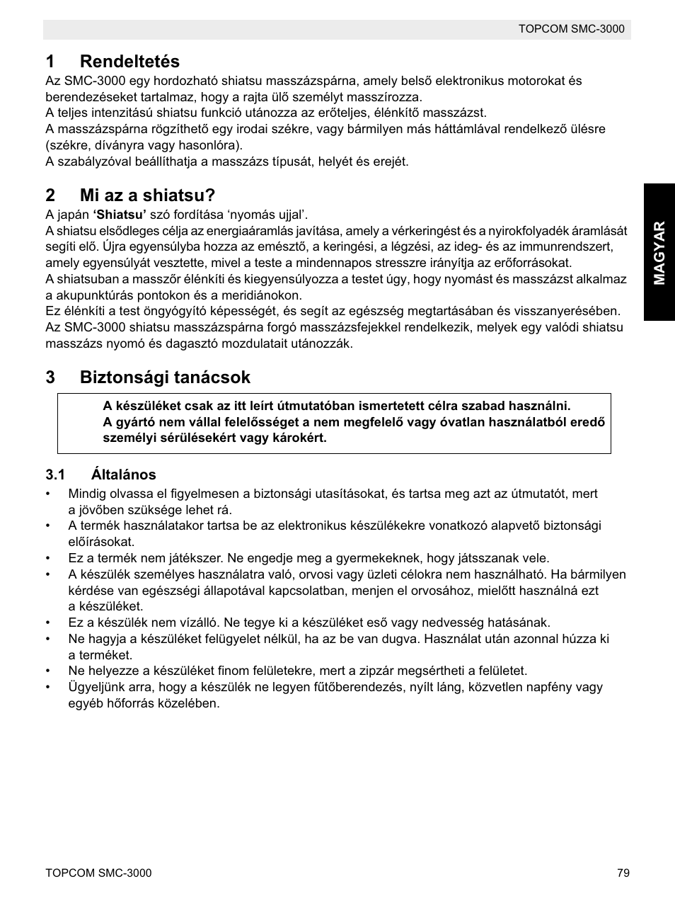 1rendeltetés, 2mi az a shiatsu, 3biztonsági tanácsok | Topcom SMC-3000 User Manual | Page 79 / 104