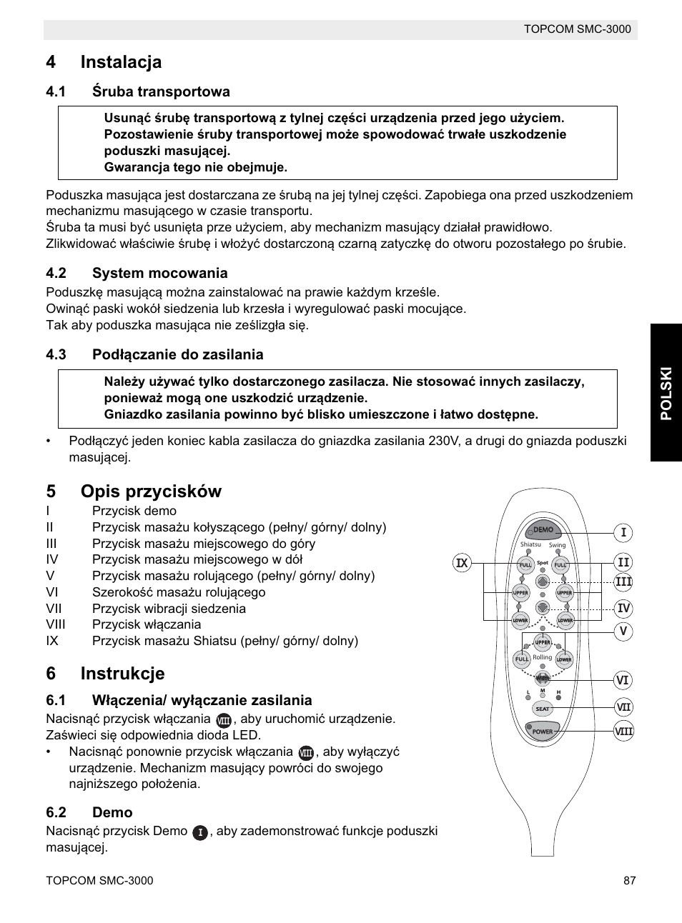 4instalacja, 5opis przycisków, 6instrukcje | Polski, 1 ĝruba transportowa, 2 system mocowania, 3 podáączanie do zasilania, 1 wáączenia/ wyáączanie zasilania, 2 demo | Topcom SMC-3000 User Manual | Page 87 / 104