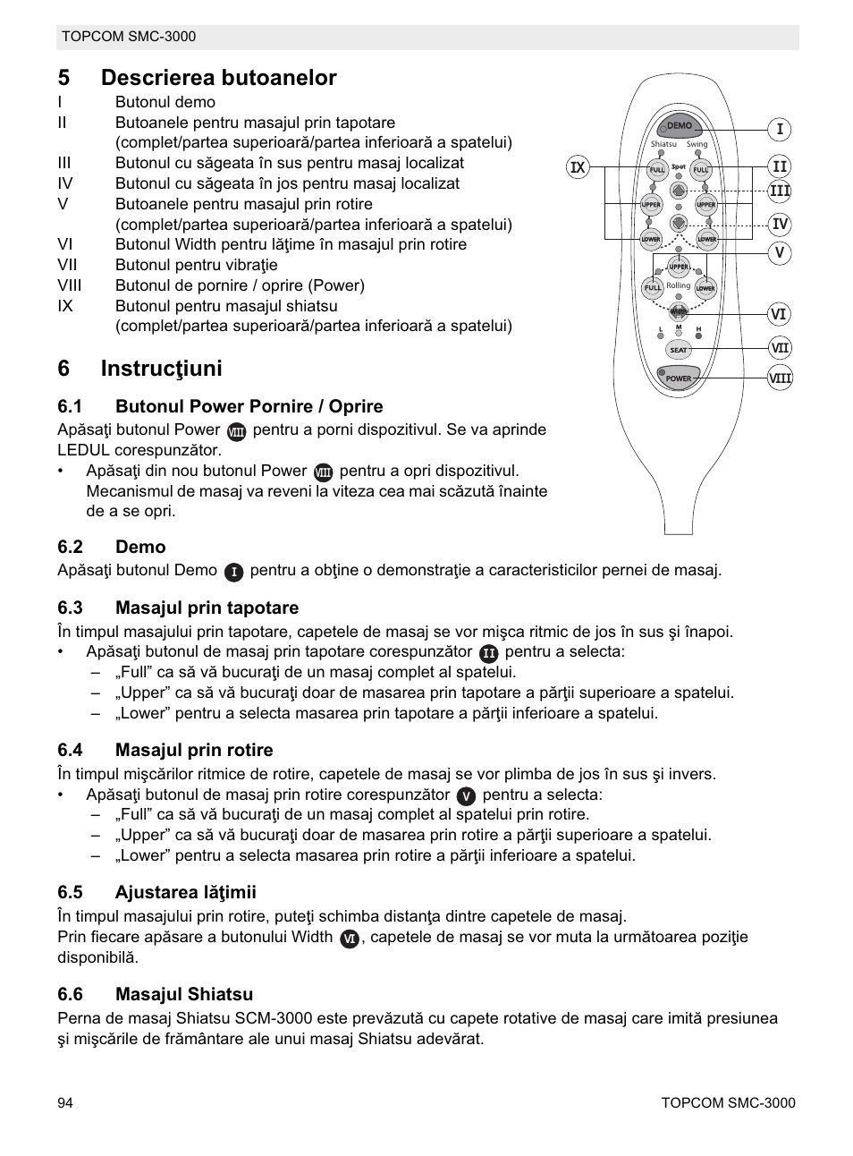 5descrierea butoanelor, 6instrucġiuni, 1 butonul power pornire / oprire | 2 demo, 3 masajul prin tapotare, 4 masajul prin rotire, 5 ajustarea lăġimii, 6 masajul shiatsu | Topcom SMC-3000 User Manual | Page 94 / 104