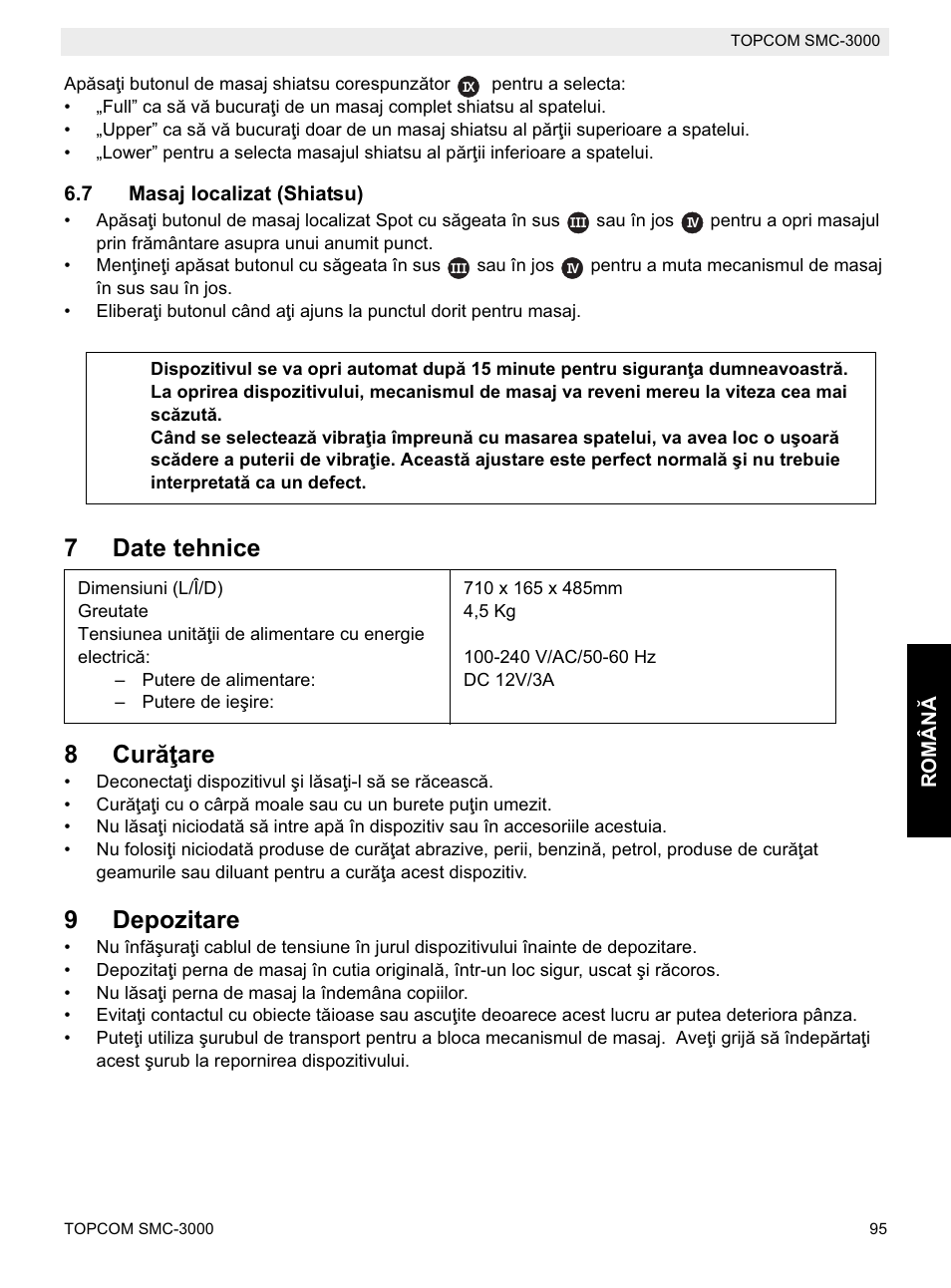 7date tehnice 8 curăġare, 9depozitare | Topcom SMC-3000 User Manual | Page 95 / 104