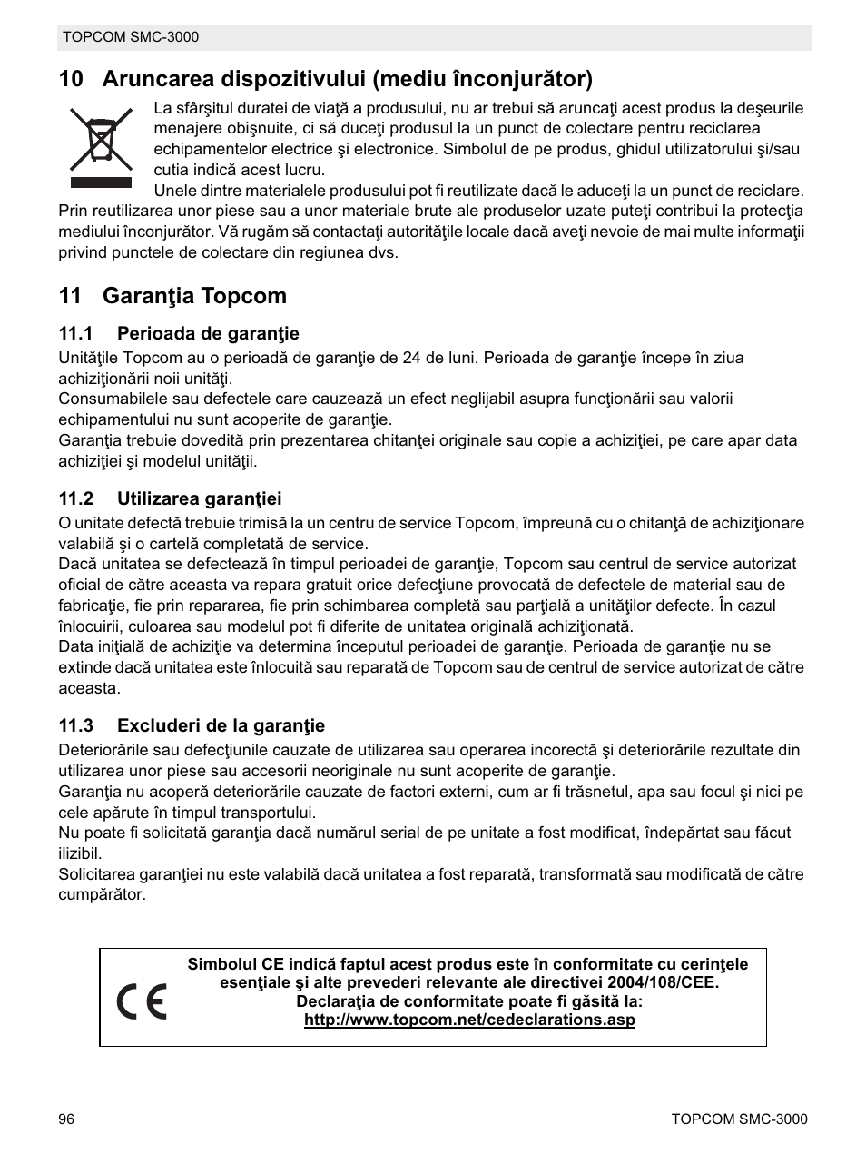 10 aruncarea dispozitivului (mediu înconjurător), 11 garanġia topcom | Topcom SMC-3000 User Manual | Page 96 / 104
