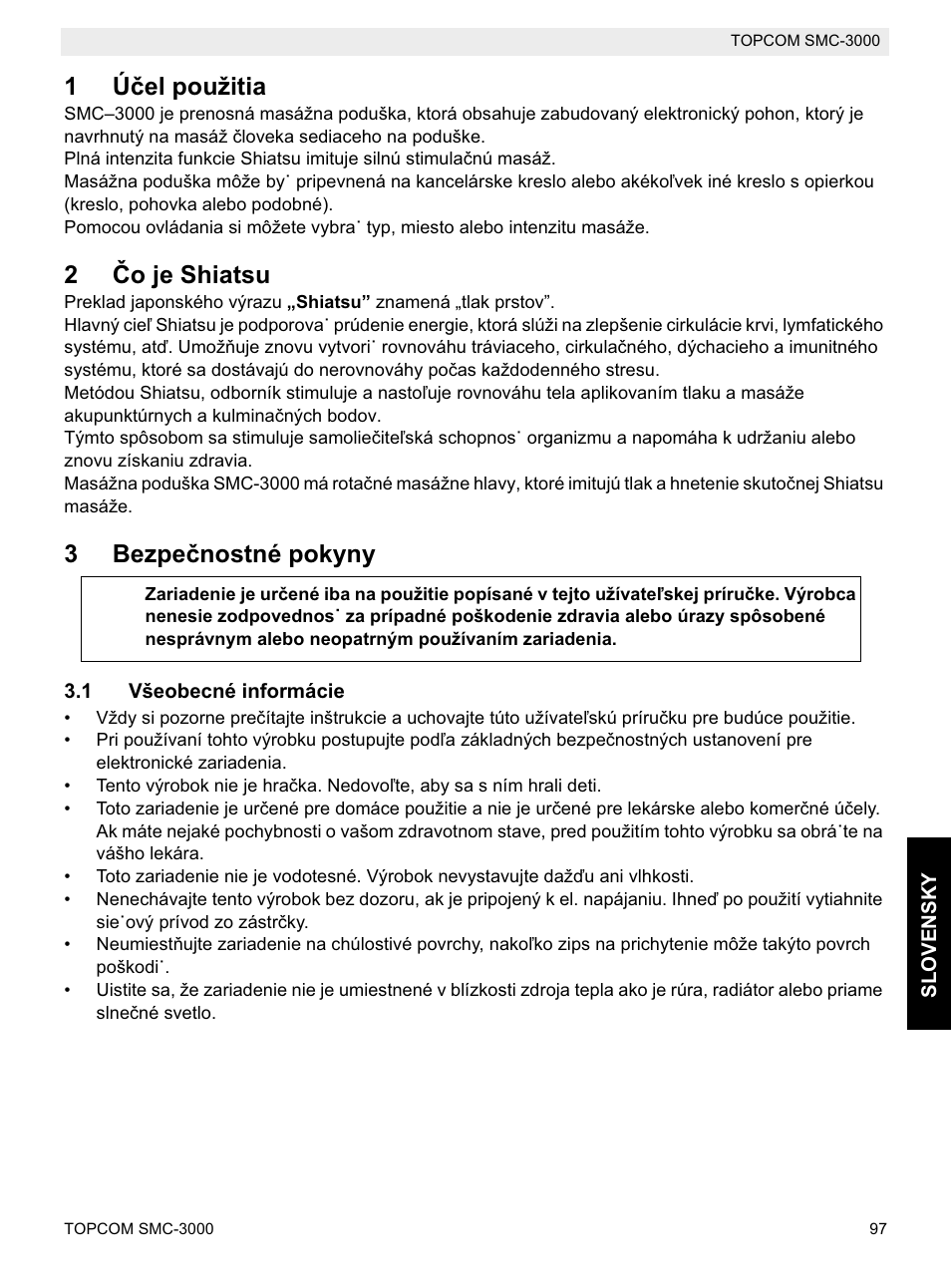 1úþel použitia, 2ýo je shiatsu, 3bezpeþnostné pokyny | Topcom SMC-3000 User Manual | Page 97 / 104