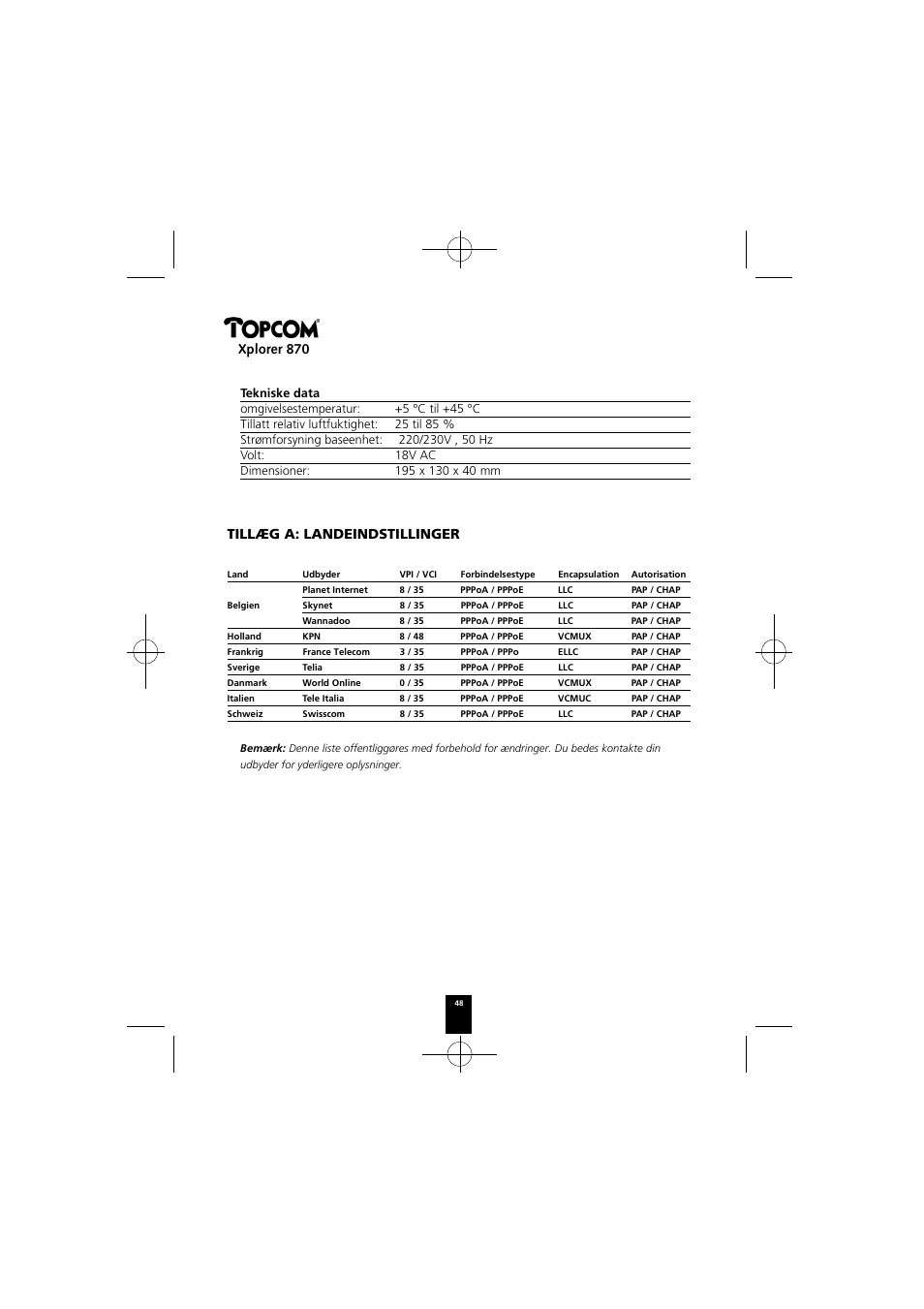 Xplorer 870, Tillæg a: landeindstillinger | Topcom Xplorer 870 User Manual | Page 48 / 96