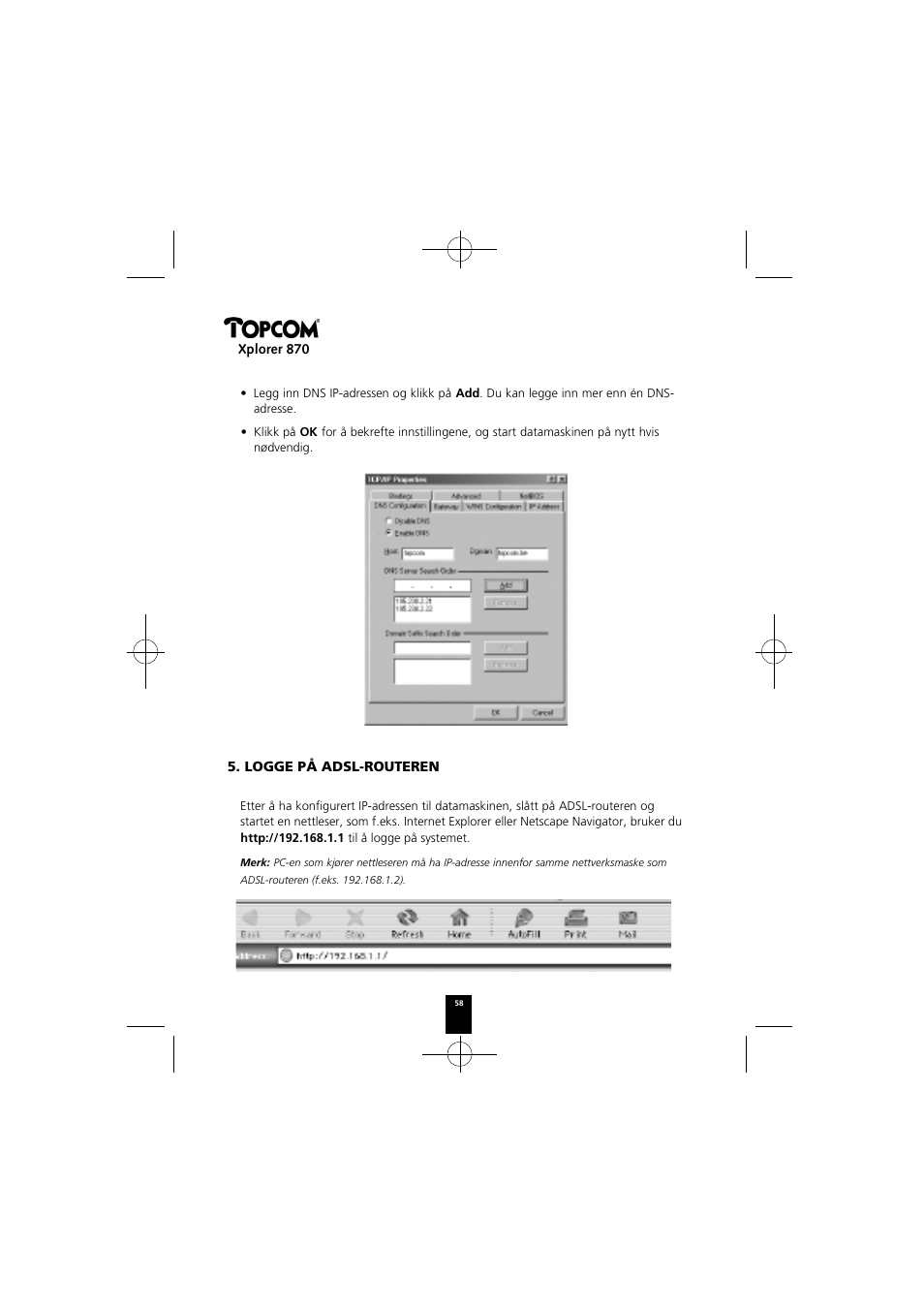 Xplorer 870, Logge på adsl-routeren | Topcom Xplorer 870 User Manual | Page 58 / 96