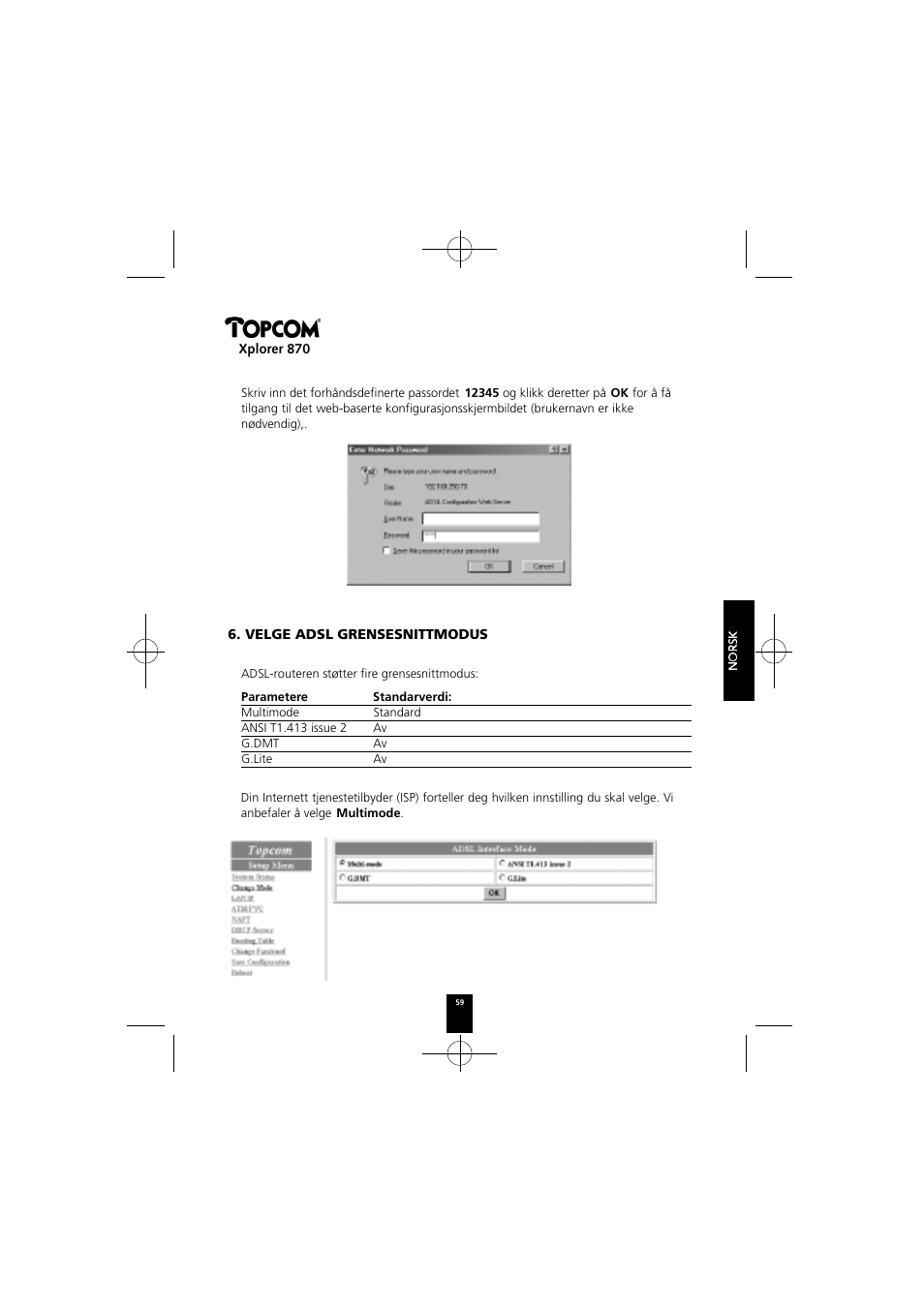 Xplorer 870, Velge adsl grensesnittmodus | Topcom Xplorer 870 User Manual | Page 59 / 96