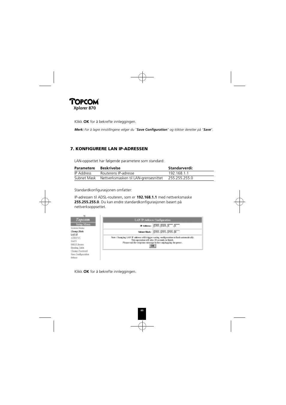 Xplorer 870, Konfigurere lan ip-adressen | Topcom Xplorer 870 User Manual | Page 60 / 96