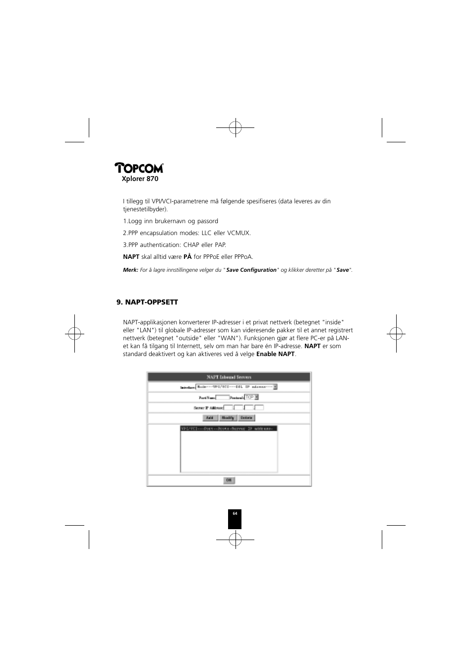 Xplorer 870, Napt-oppsett | Topcom Xplorer 870 User Manual | Page 64 / 96