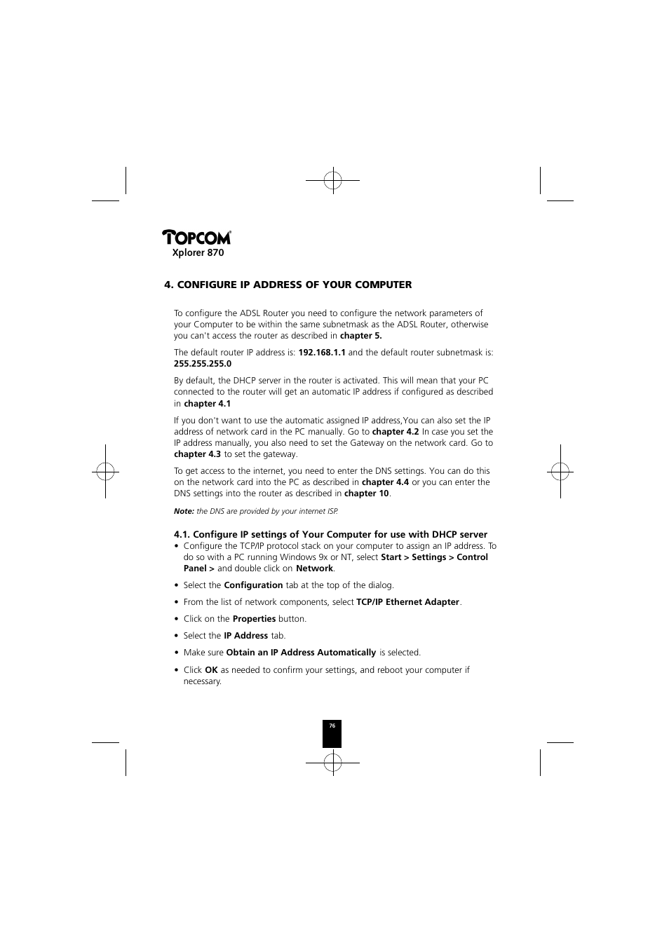 Xplorer 870, Configure ip address of your computer | Topcom Xplorer 870 User Manual | Page 76 / 96