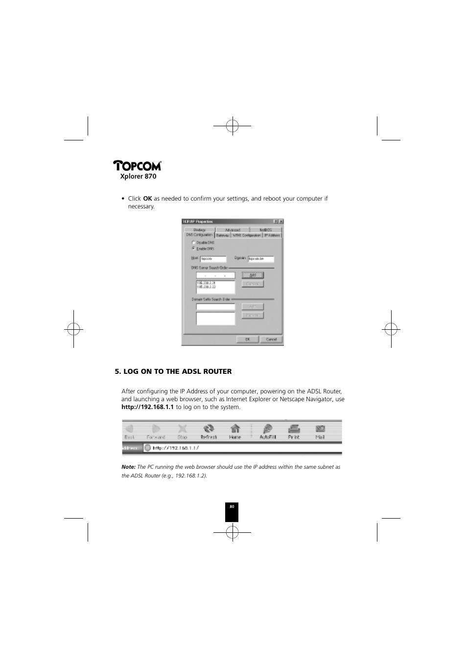 Xplorer 870, Log on to the adsl router | Topcom Xplorer 870 User Manual | Page 80 / 96